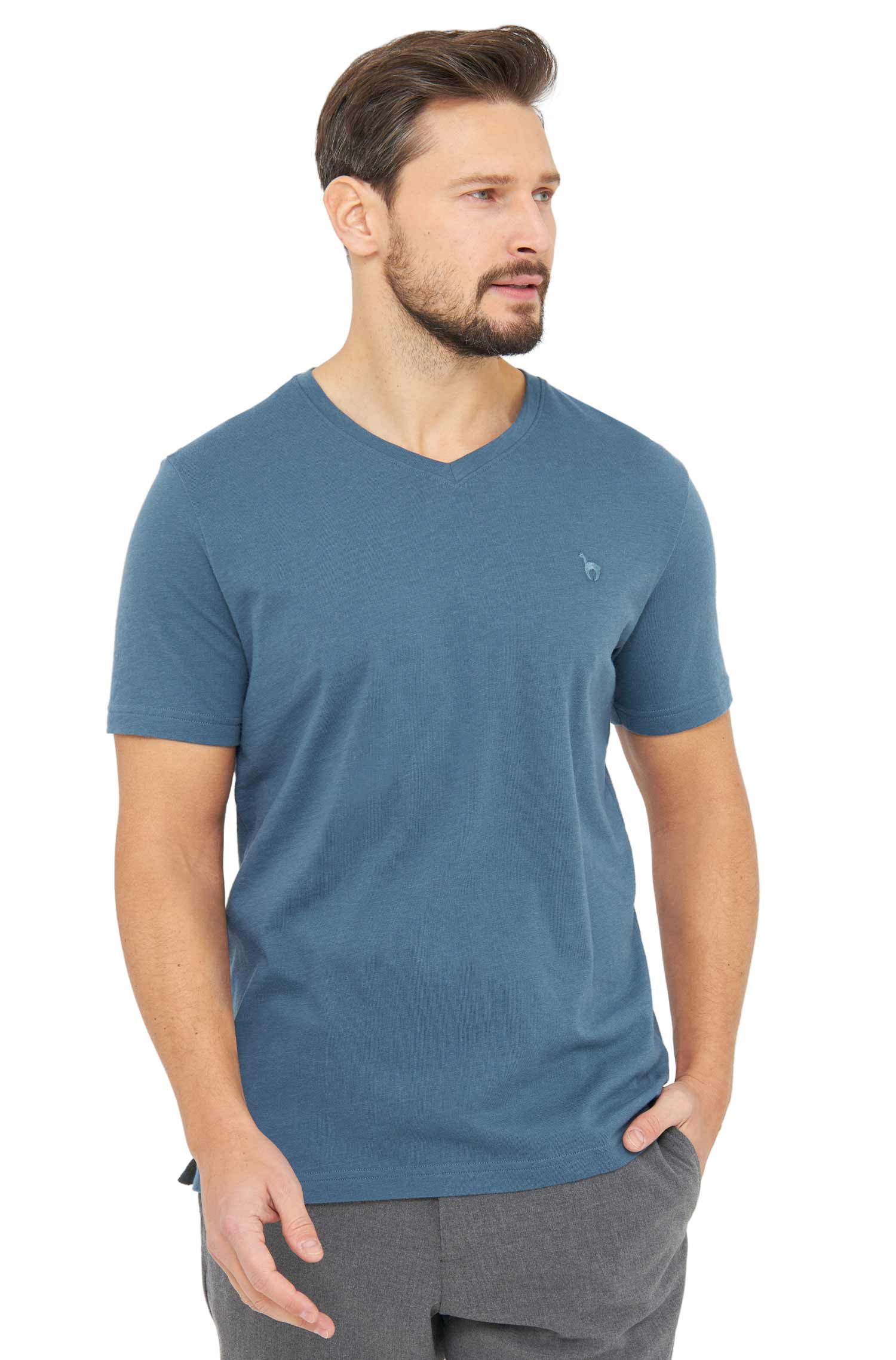 T-Shirt V-NECK aus Royal Alpaka-Baumwoll-Mix-orion blau