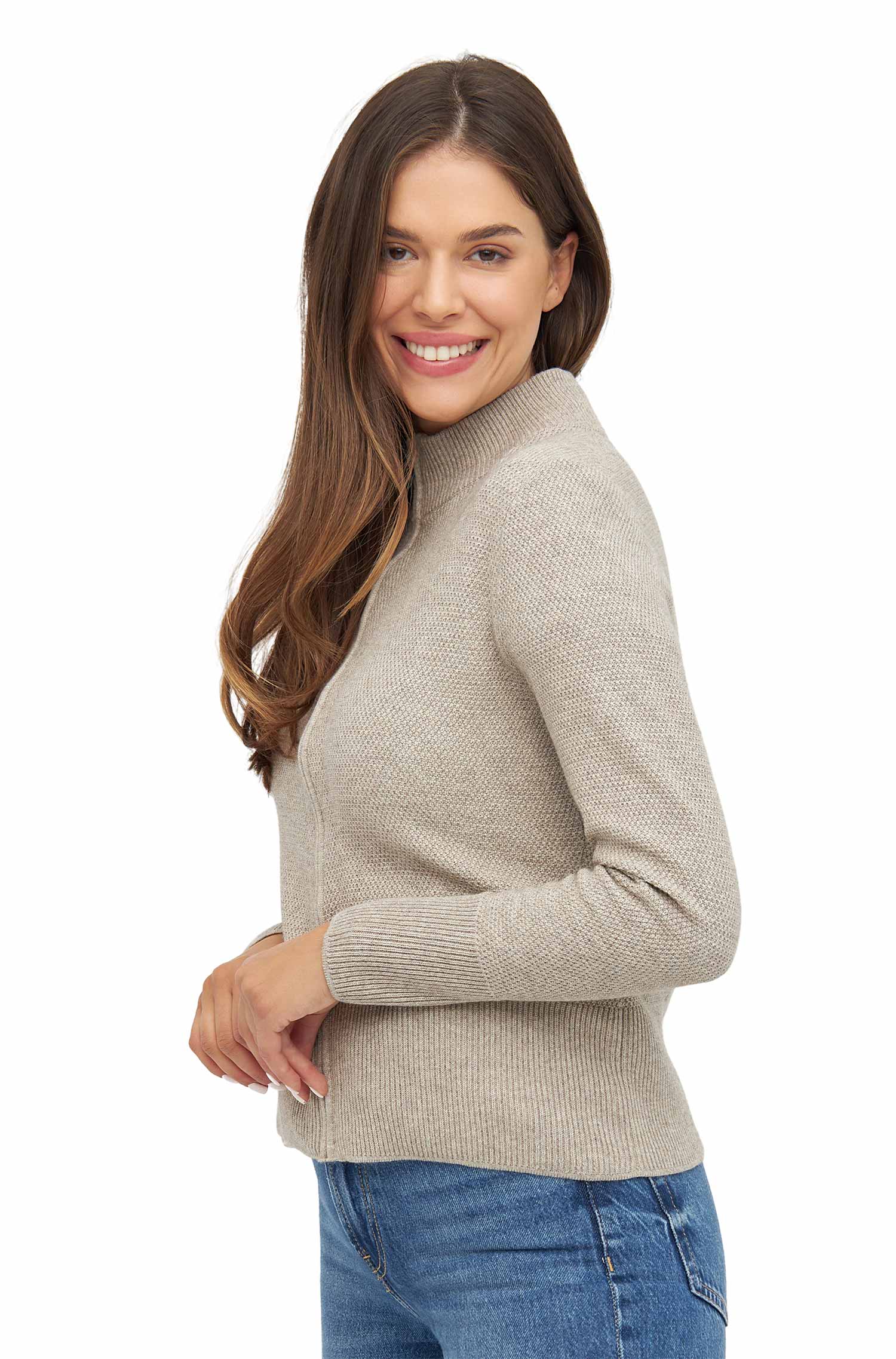 Strickjacke ALAYA mit Zipper aus Baby-Alpaka-Baumwoll-Mix-beige