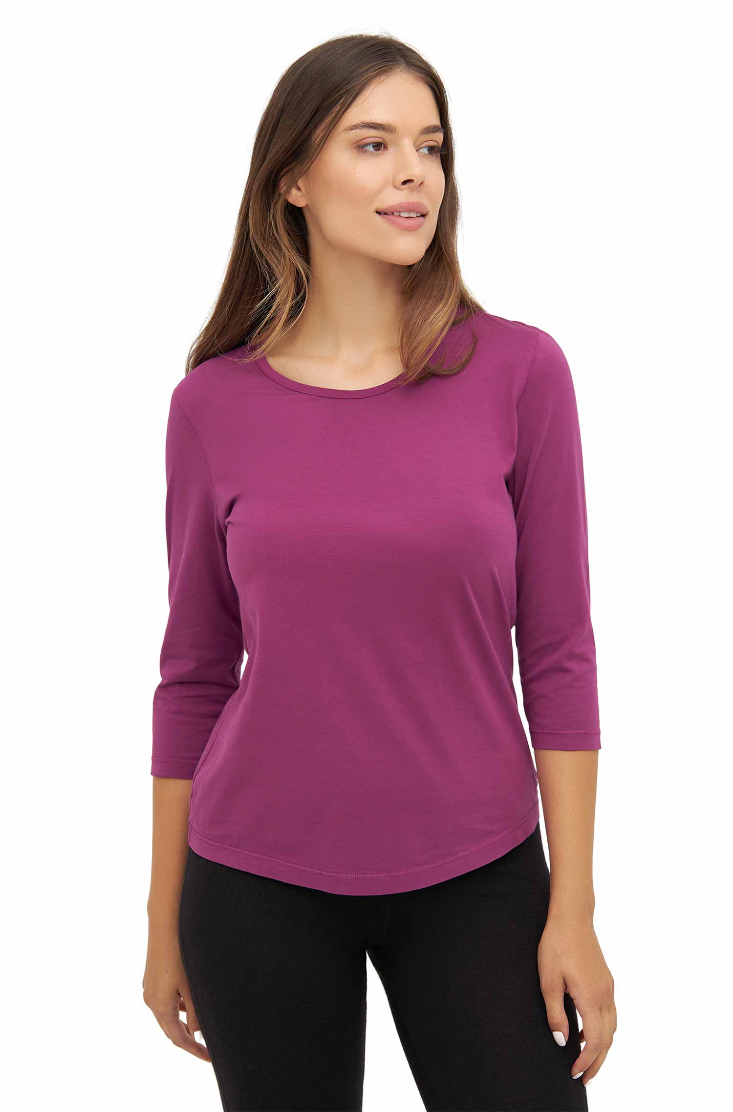 T-Shirt mit 3/4 Arm aus 100% Bio-Pima-Baumwolle-violett berry