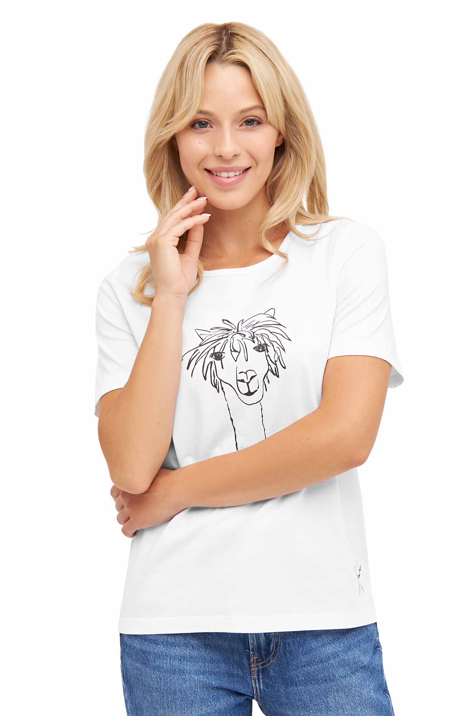 Damen T-Shirt RASSI mit Alpaka-Motiv aus 100% Bio-Pima-Baumwolle-weiss