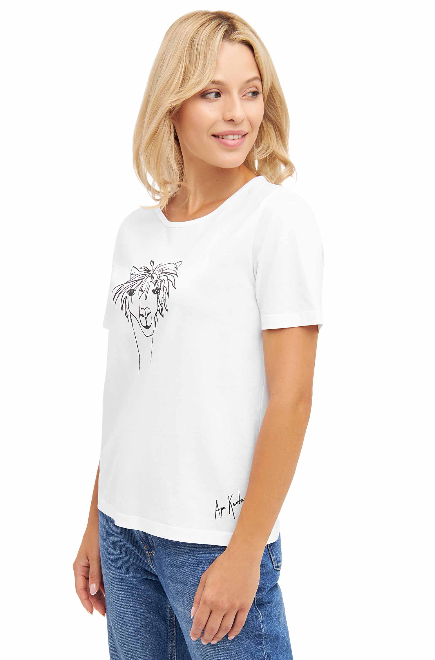 Damen T-Shirt RASSI mit Alpaka-Motiv aus 100% Bio-Pima-Baumwolle-weiss