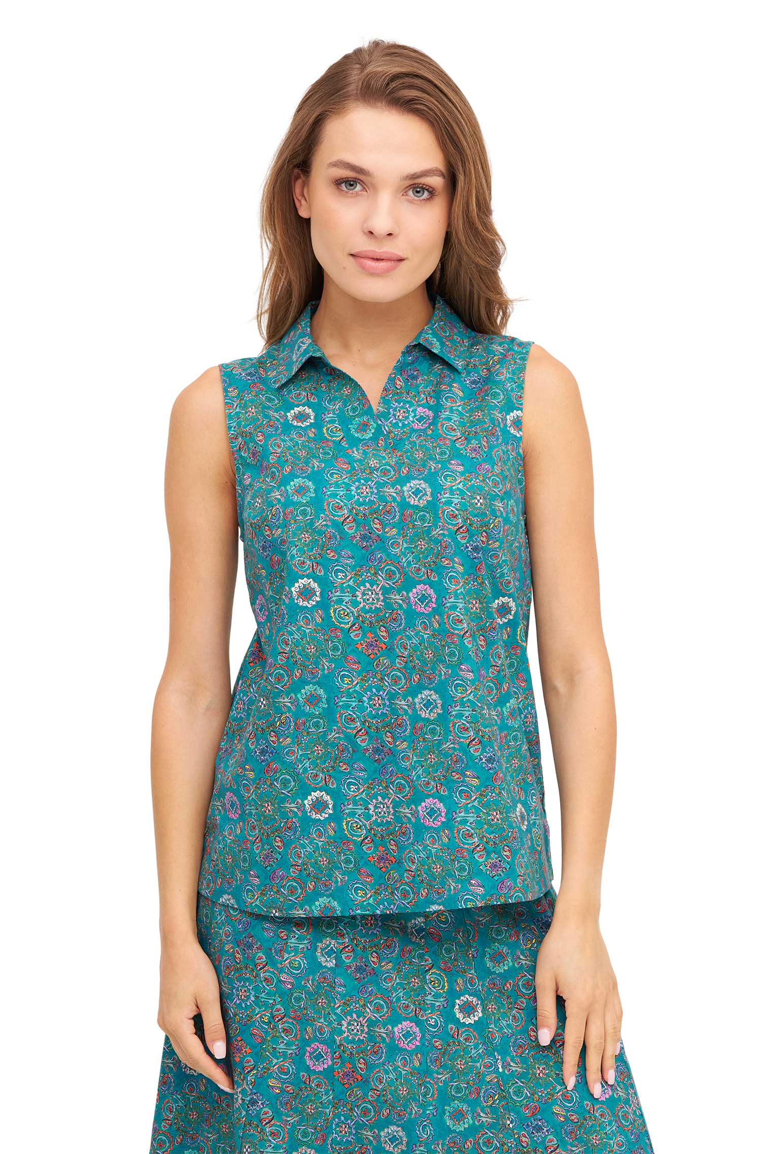 Ärmellose Bluse FLORAL ETHNO aus Bio-Pima-Baumwolle-turquoise
