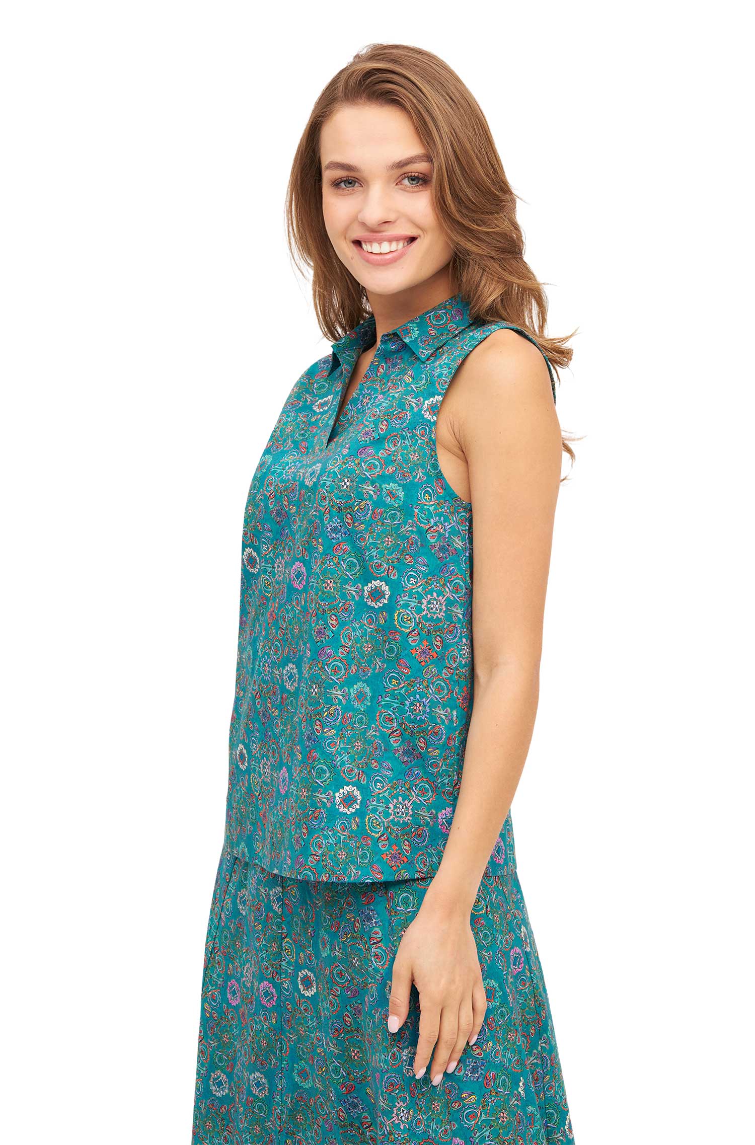 Ärmellose Bluse FLORAL ETHNO aus Bio-Pima-Baumwolle-turquoise