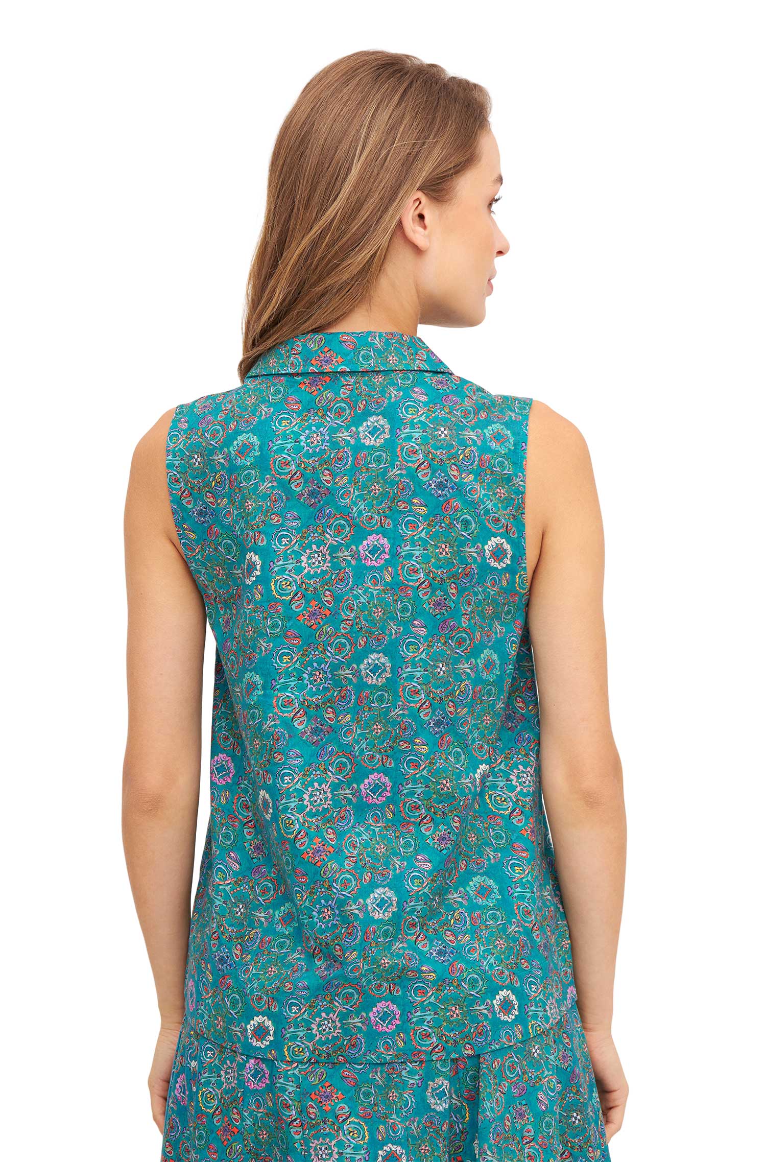 Ärmellose Bluse FLORAL ETHNO aus Bio-Pima-Baumwolle-turquoise
