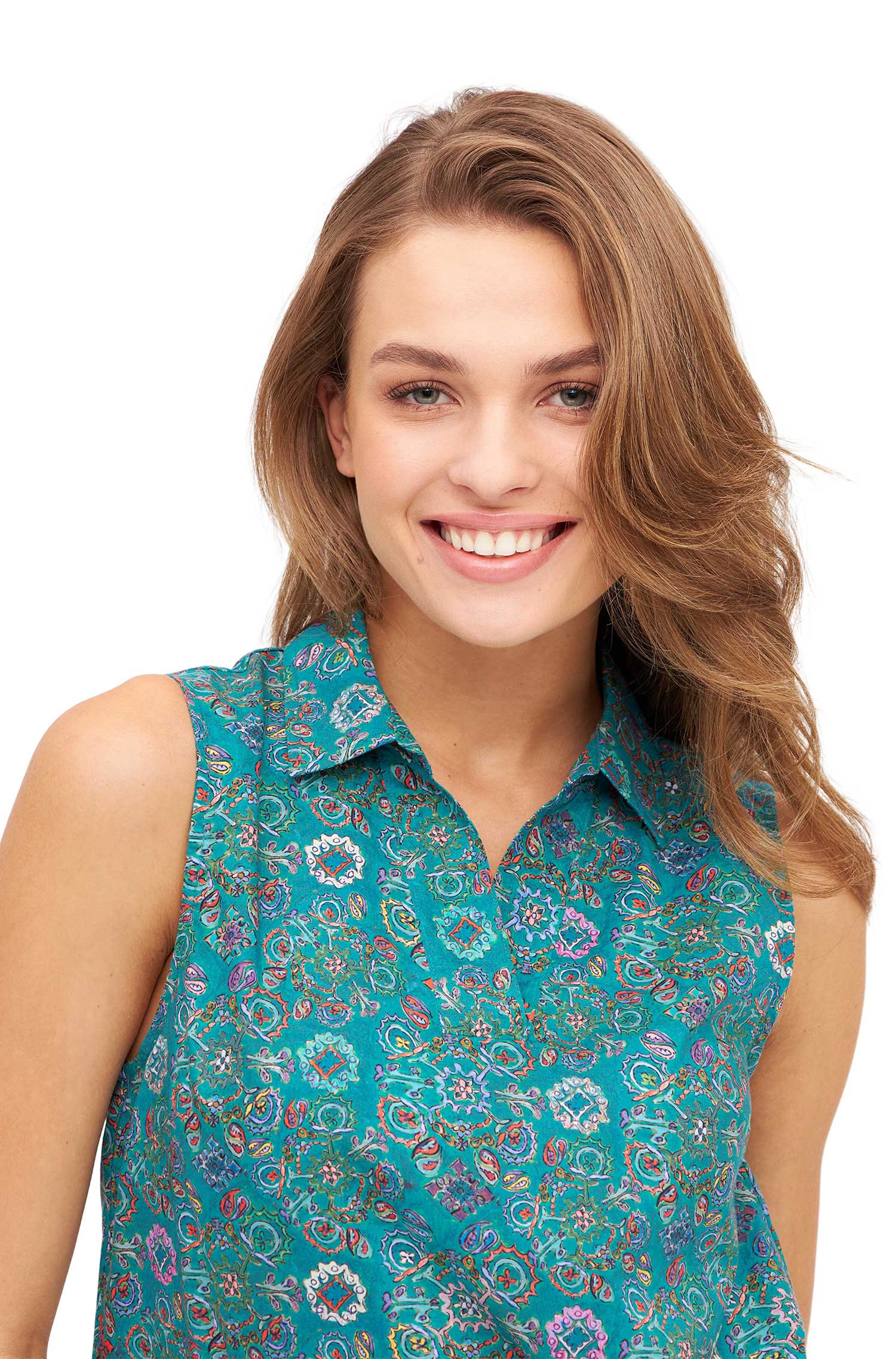 Ärmellose Bluse FLORAL ETHNO aus Bio-Pima-Baumwolle-turquoise