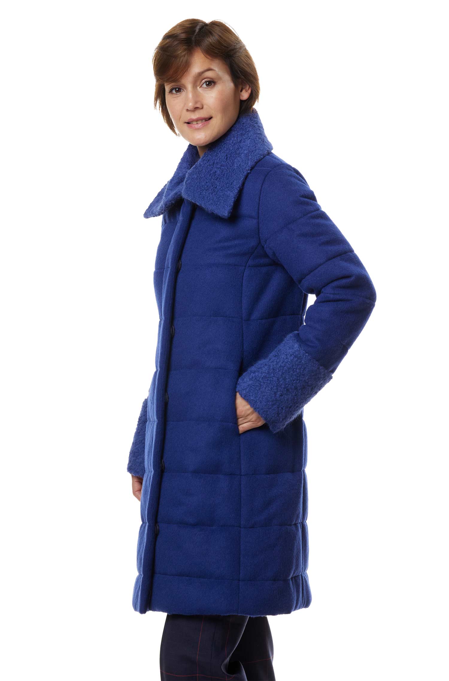 Alpaka Steppmantel SARAH aus Baby Alpaka und Wolle-königsblau