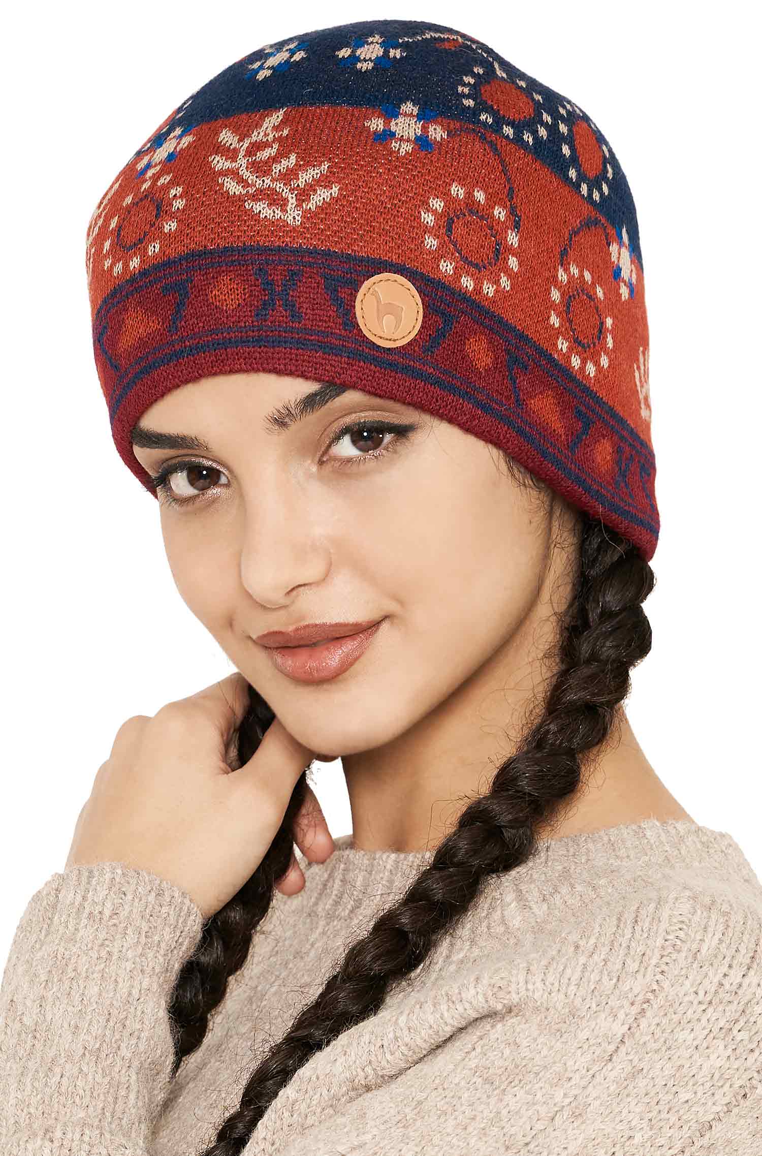 Alpaka Mütze BELLA aus 100% Baby Alpaka-blau/orange