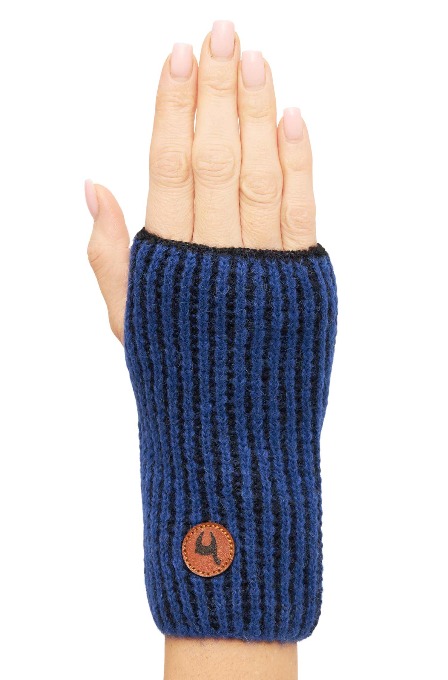 Alpaka Pulswärmer MARINO aus Baby Alpaka & Baumwolle-blau/schwarz