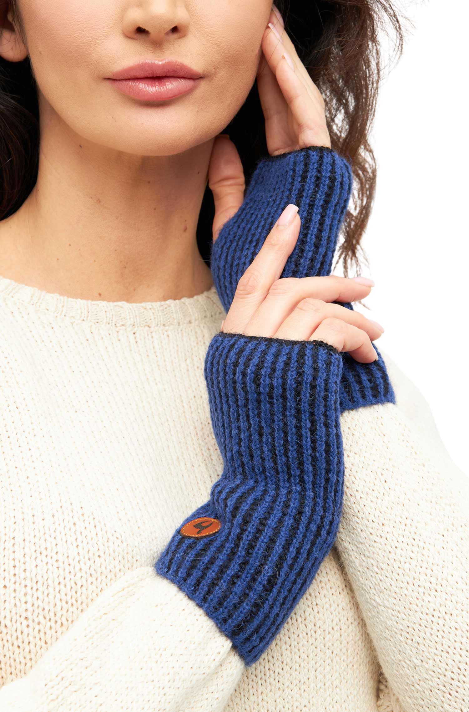 Alpaka Pulswärmer MARINO aus Baby Alpaka & Baumwolle-blau/schwarz