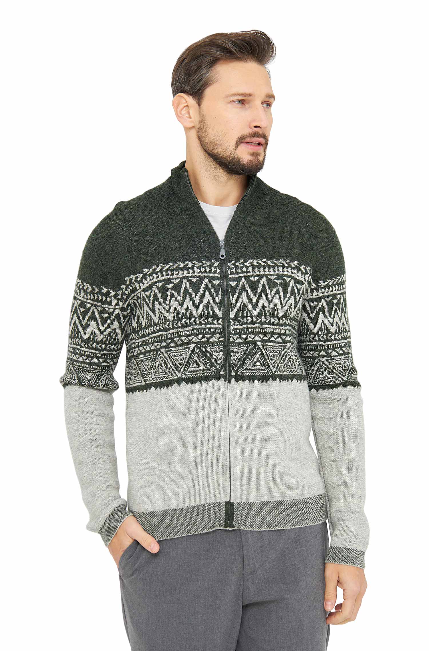 Alpaka Strickjacke GIORGIO aus 100% Baby Alpaka-tannengrün/silber