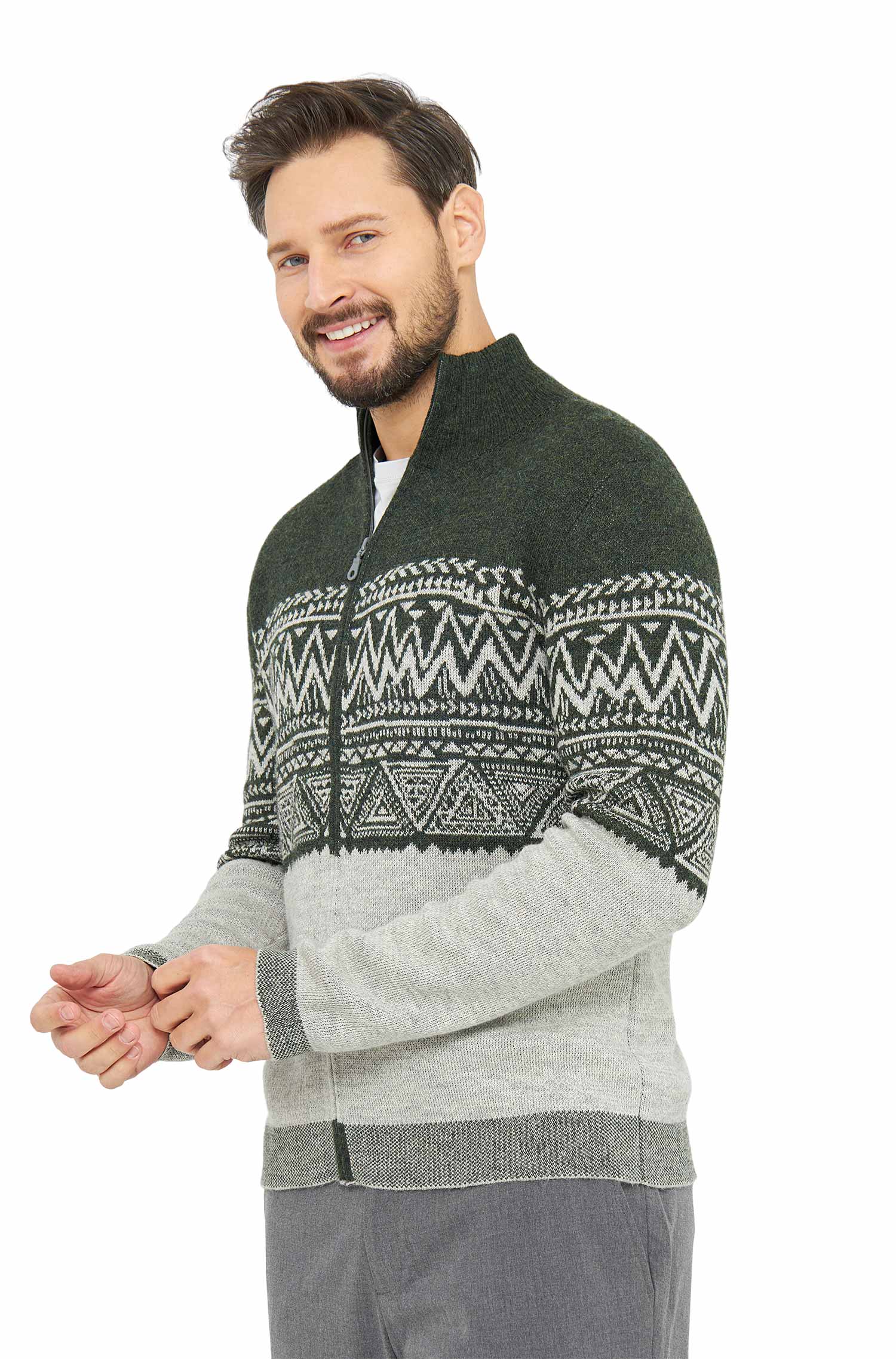 Alpaka Strickjacke GIORGIO aus 100% Baby Alpaka-tannengrün/silber