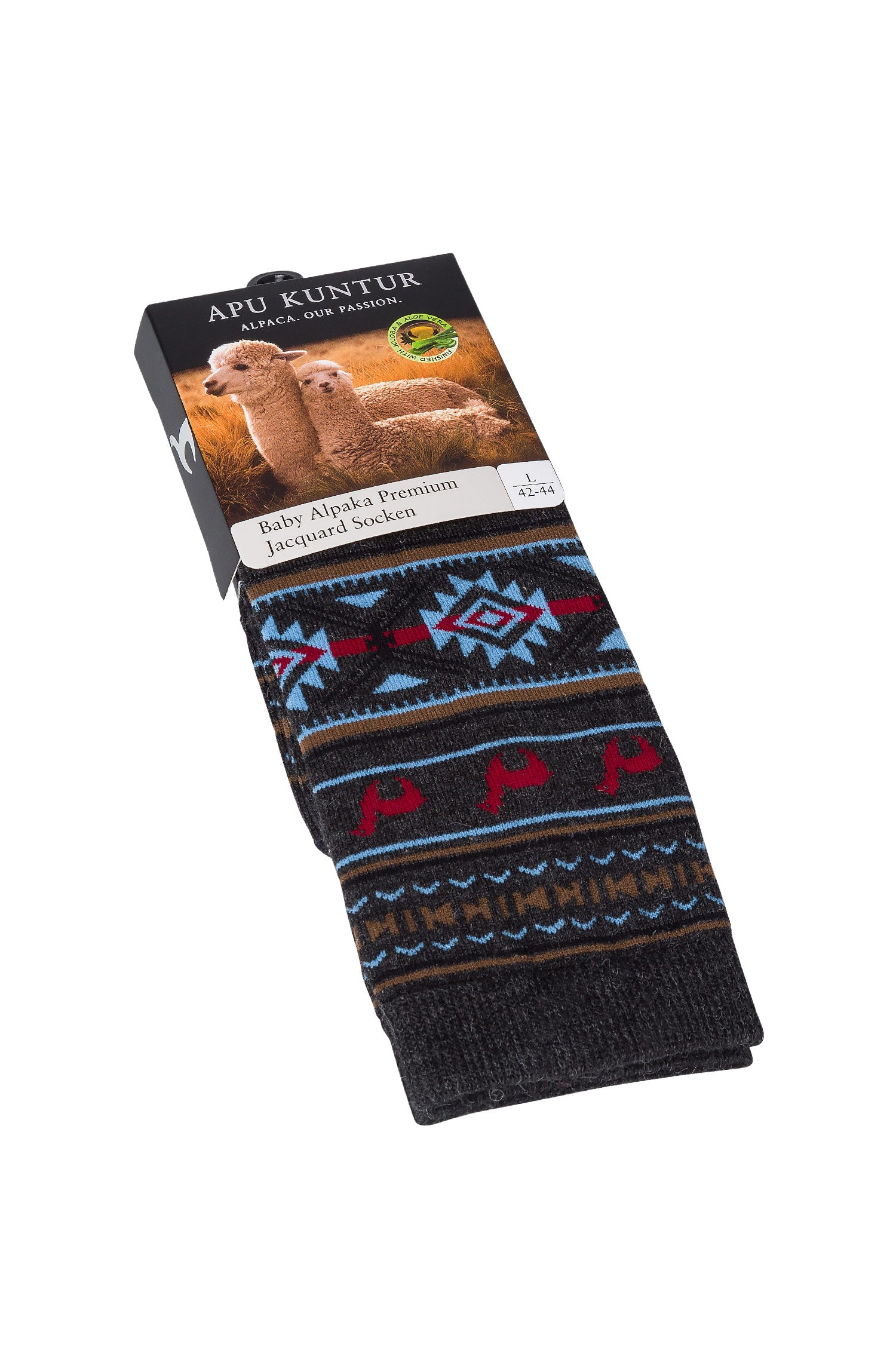 Alpaka Socken JACQUARD aus 70% Baby Alpaka und 25% Pima Baumwolle-grau/blau
