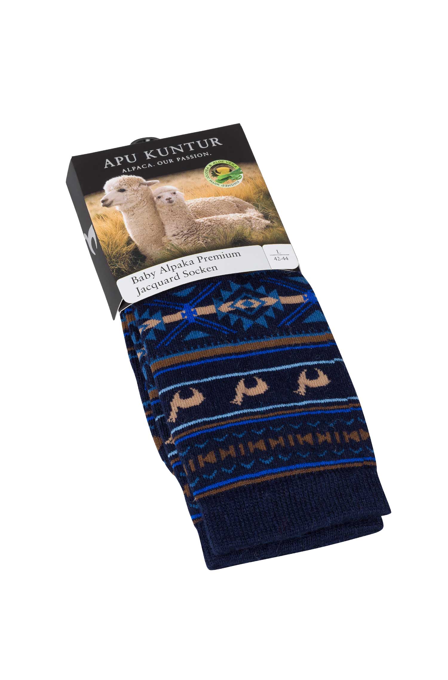 Alpaka Socken JACQUARD aus 70% Baby Alpaka und 25% Pima Baumwolle-marine/royal