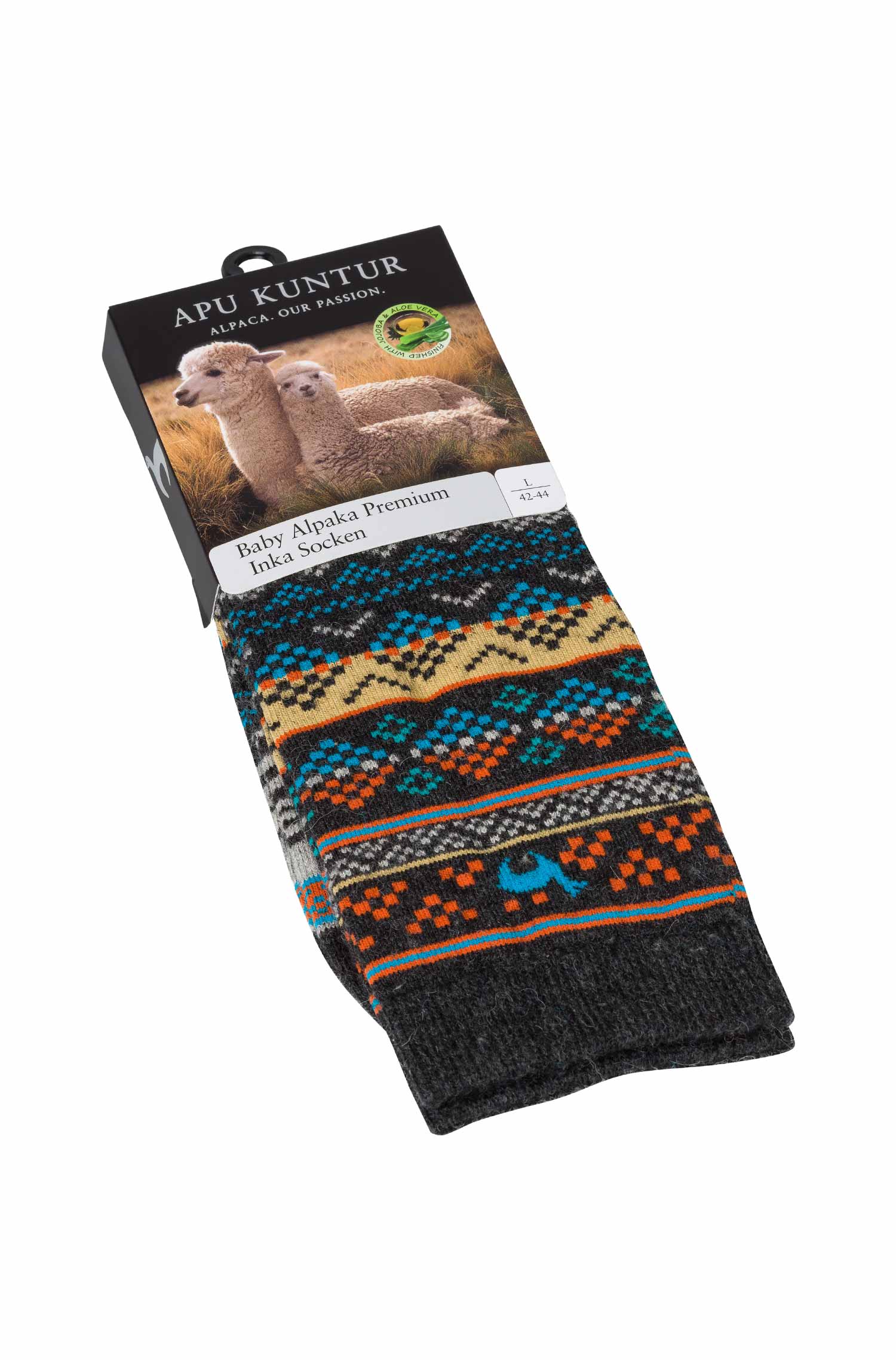 Alpaka Socken INKA aus 70% Baby Alpaka & 25% Pima Baumwolle-blau/apricot