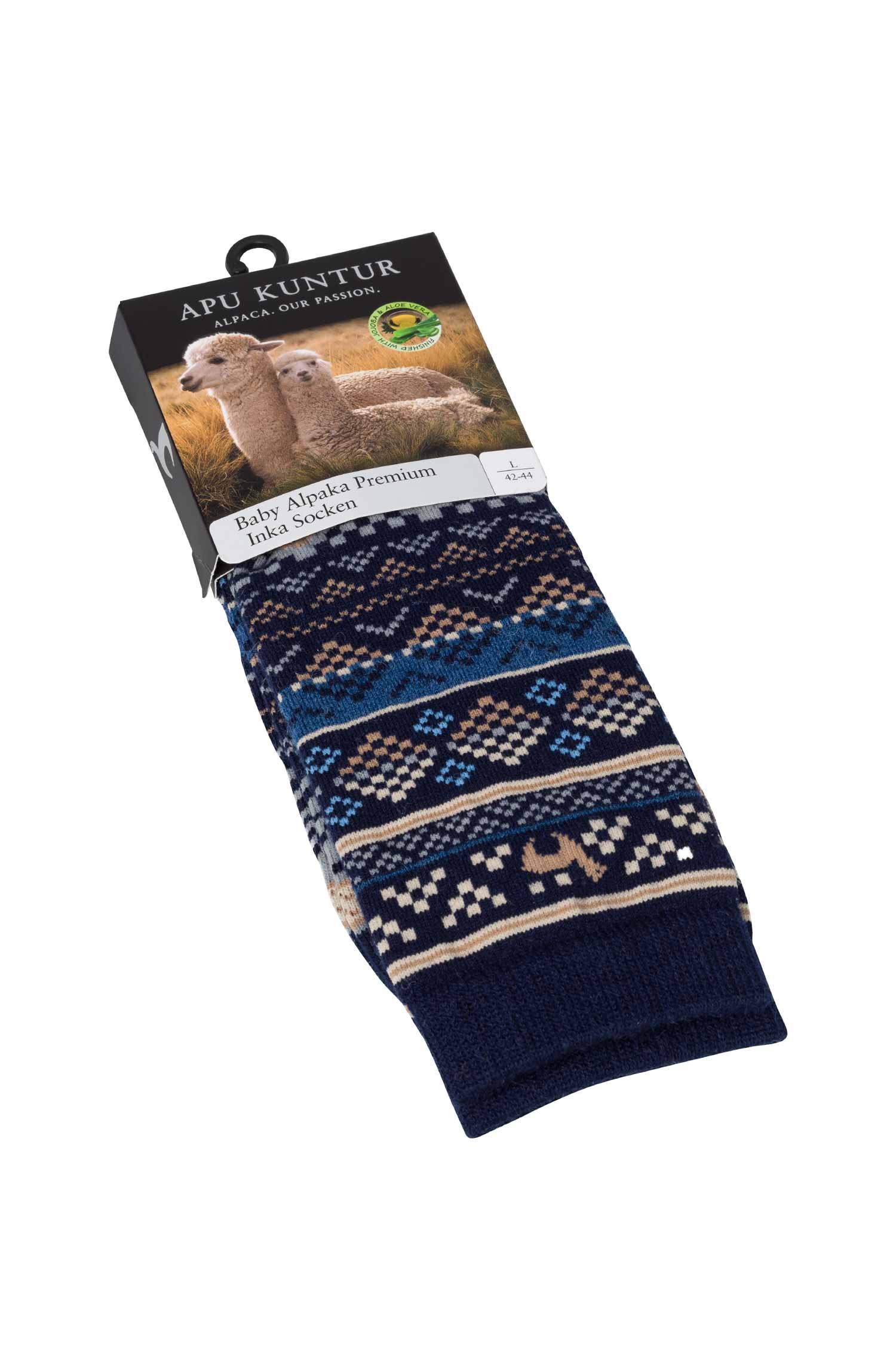Alpaka Socken INKA aus 70% Baby Alpaka & 25% Pima Baumwolle-blau/sand
