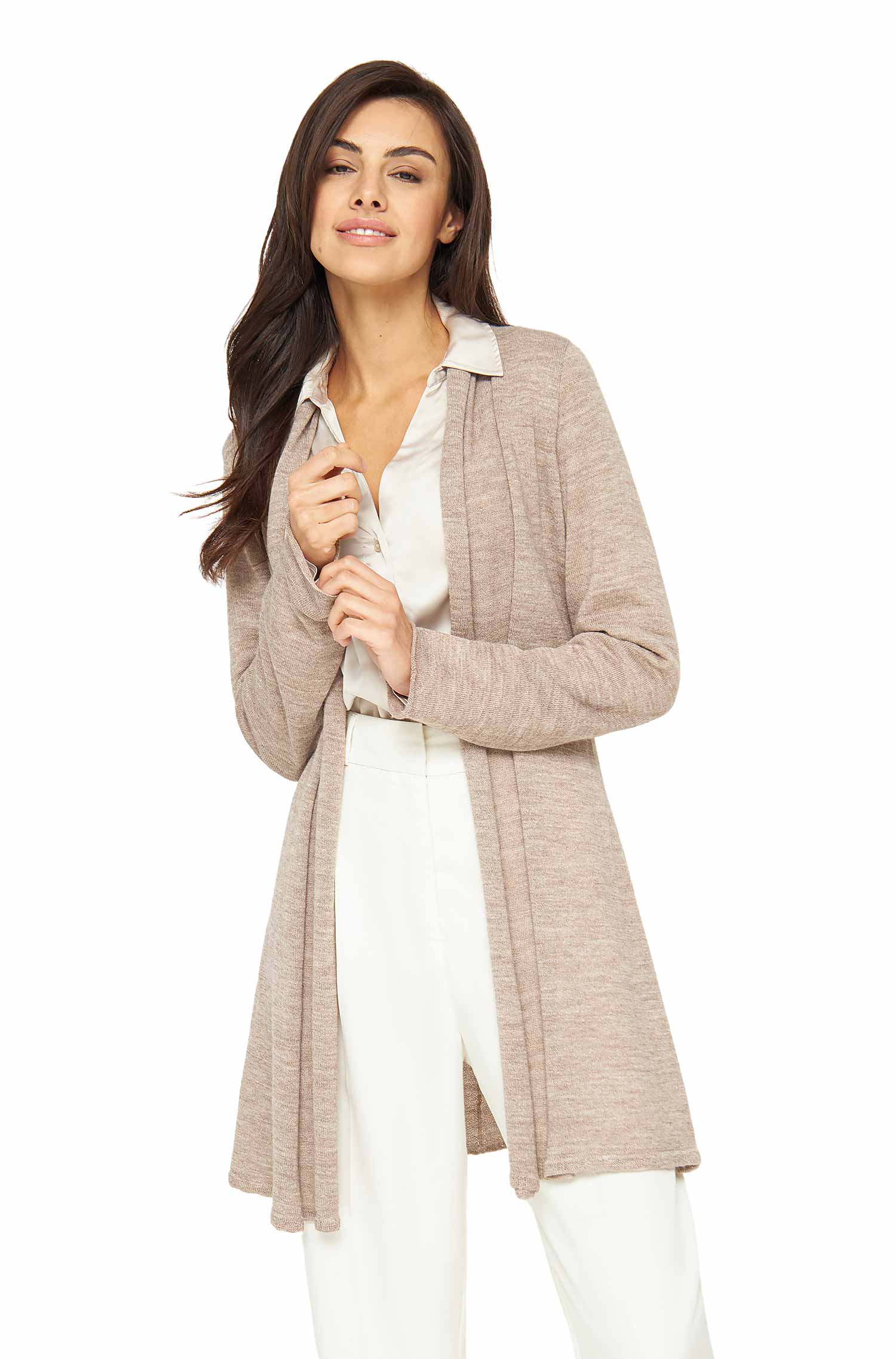 Alpaka Strickjacke PENELOPE LONG aus 100% Baby Alpaka-sand