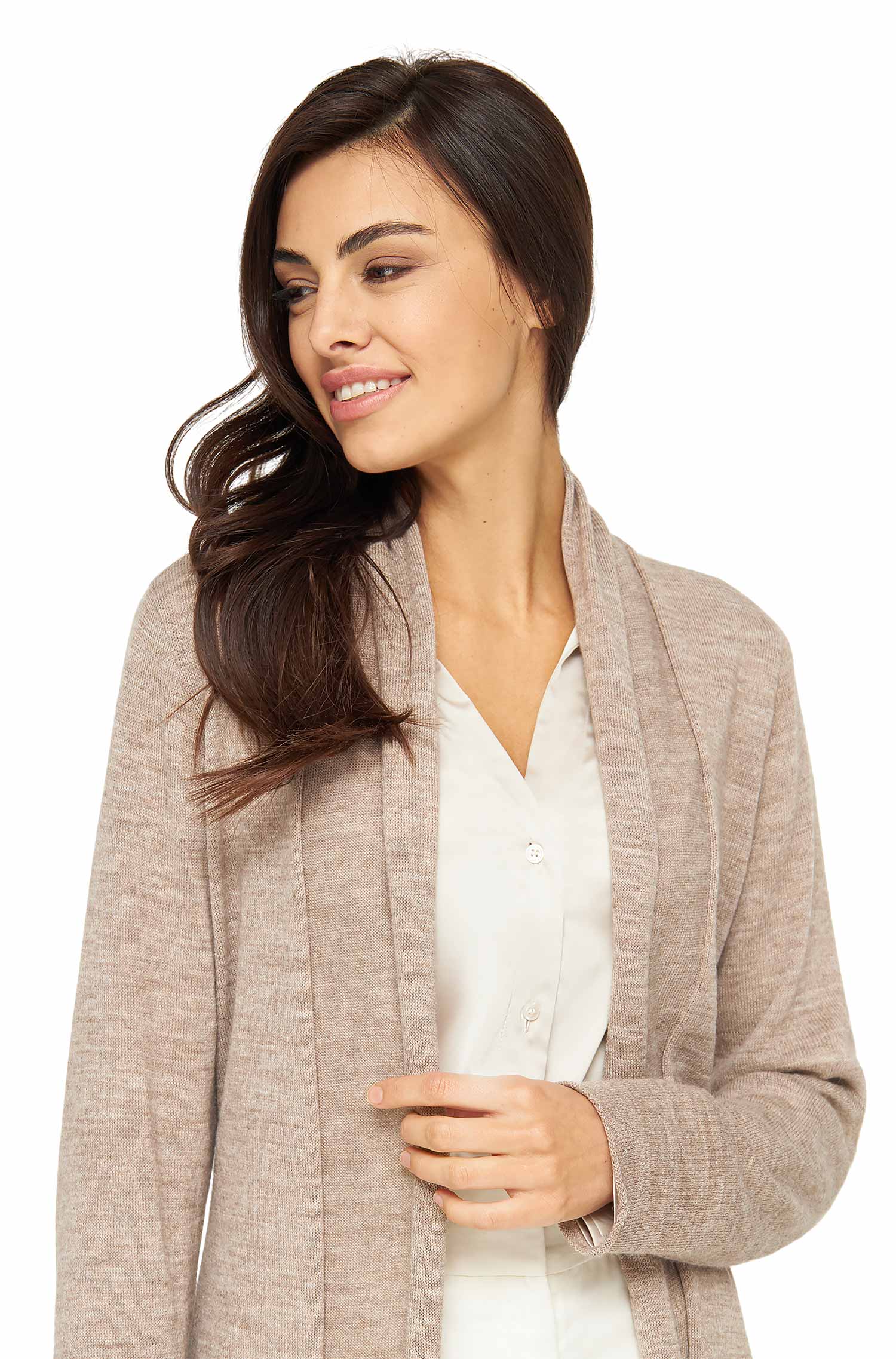 Alpaka Strickjacke PENELOPE LONG aus 100% Baby Alpaka-sand