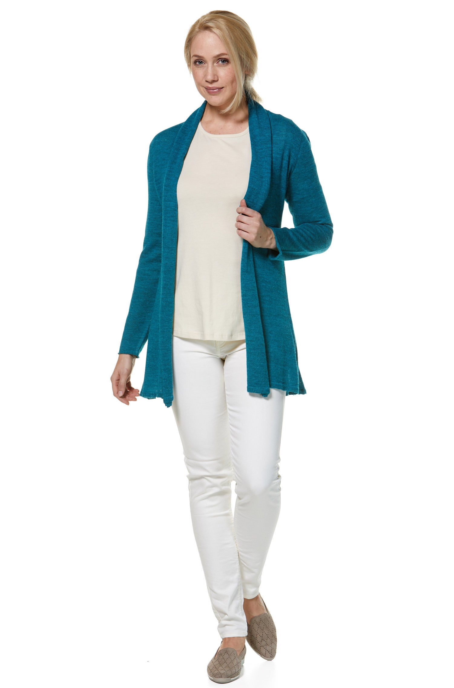 Alpaka Strickjacke PENELOPE LONG aus 100% Baby Alpaka-türkis