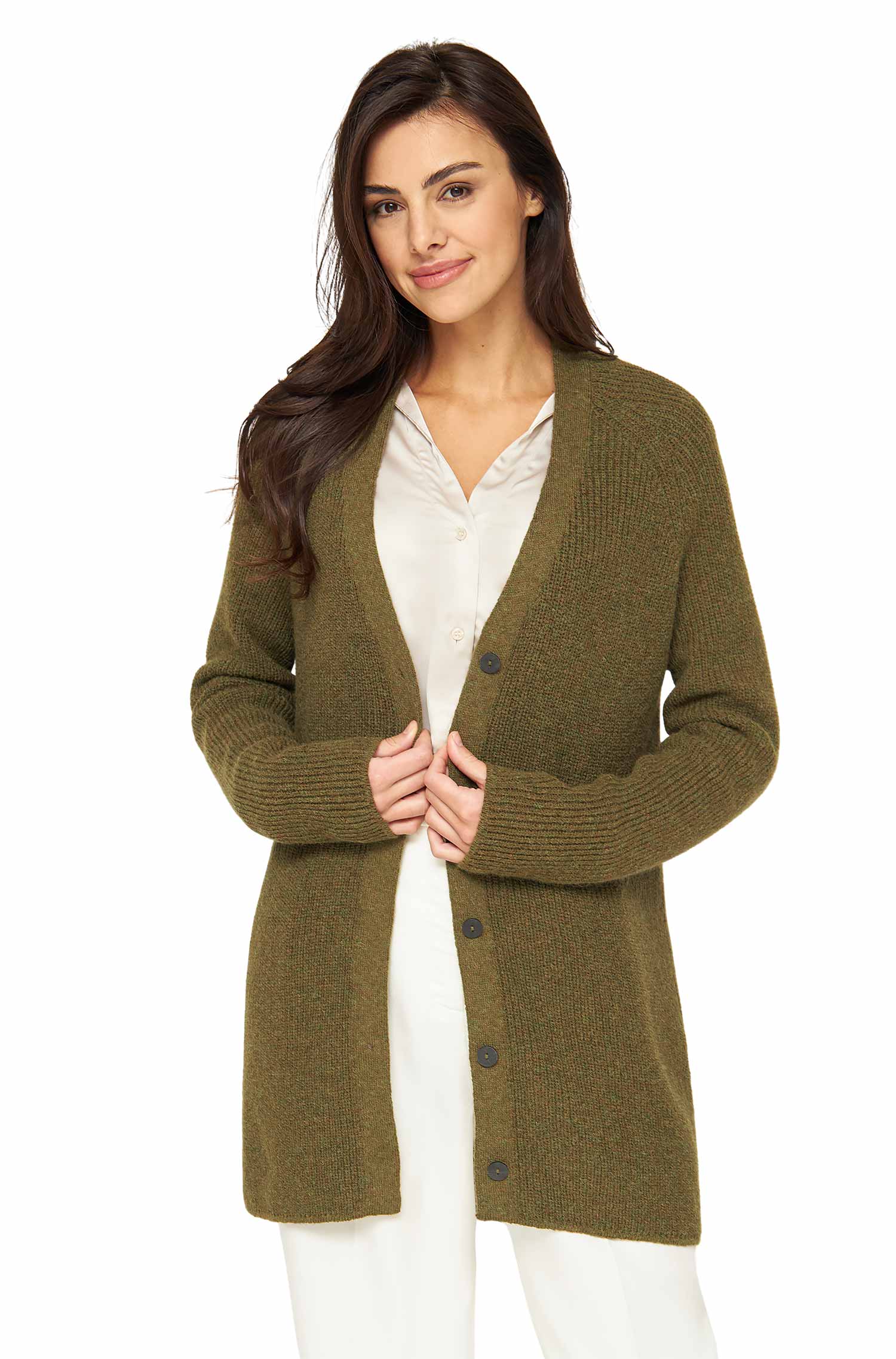 Alpaka Strickjacke CARICE aus Alpaka-Merino-Mix-olivgrün