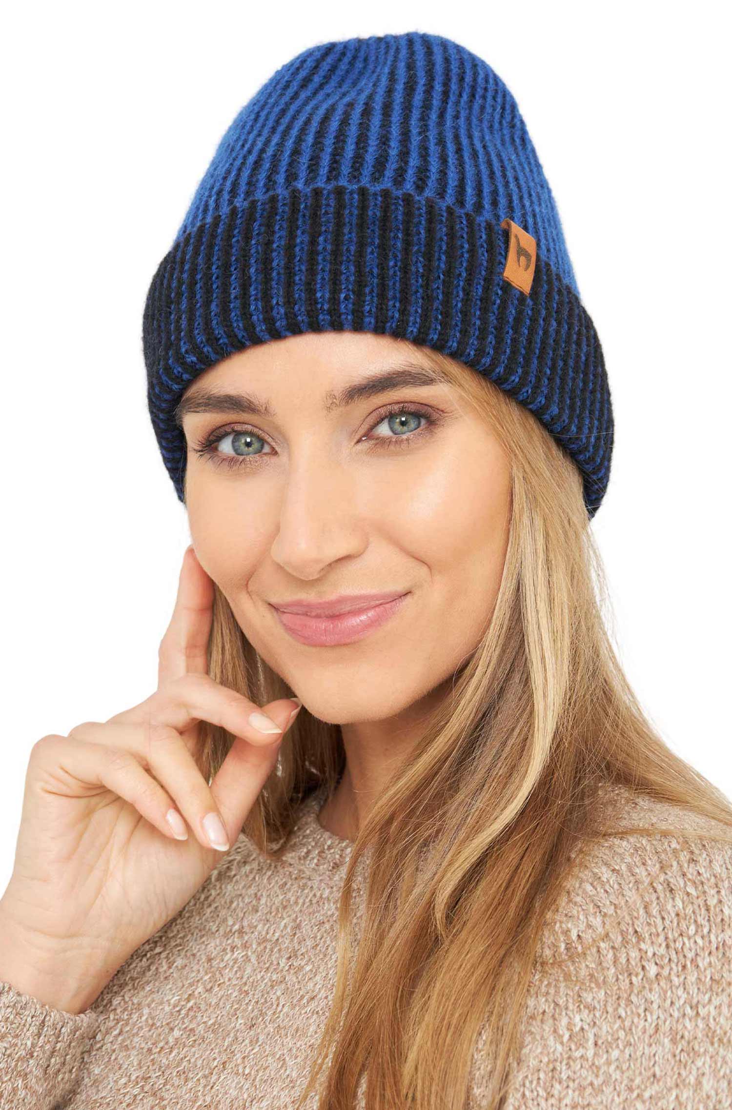 Alpaka Mütze MARINO aus 56% Baby Alpaca & 39% Baumwolle-blau/schwarz