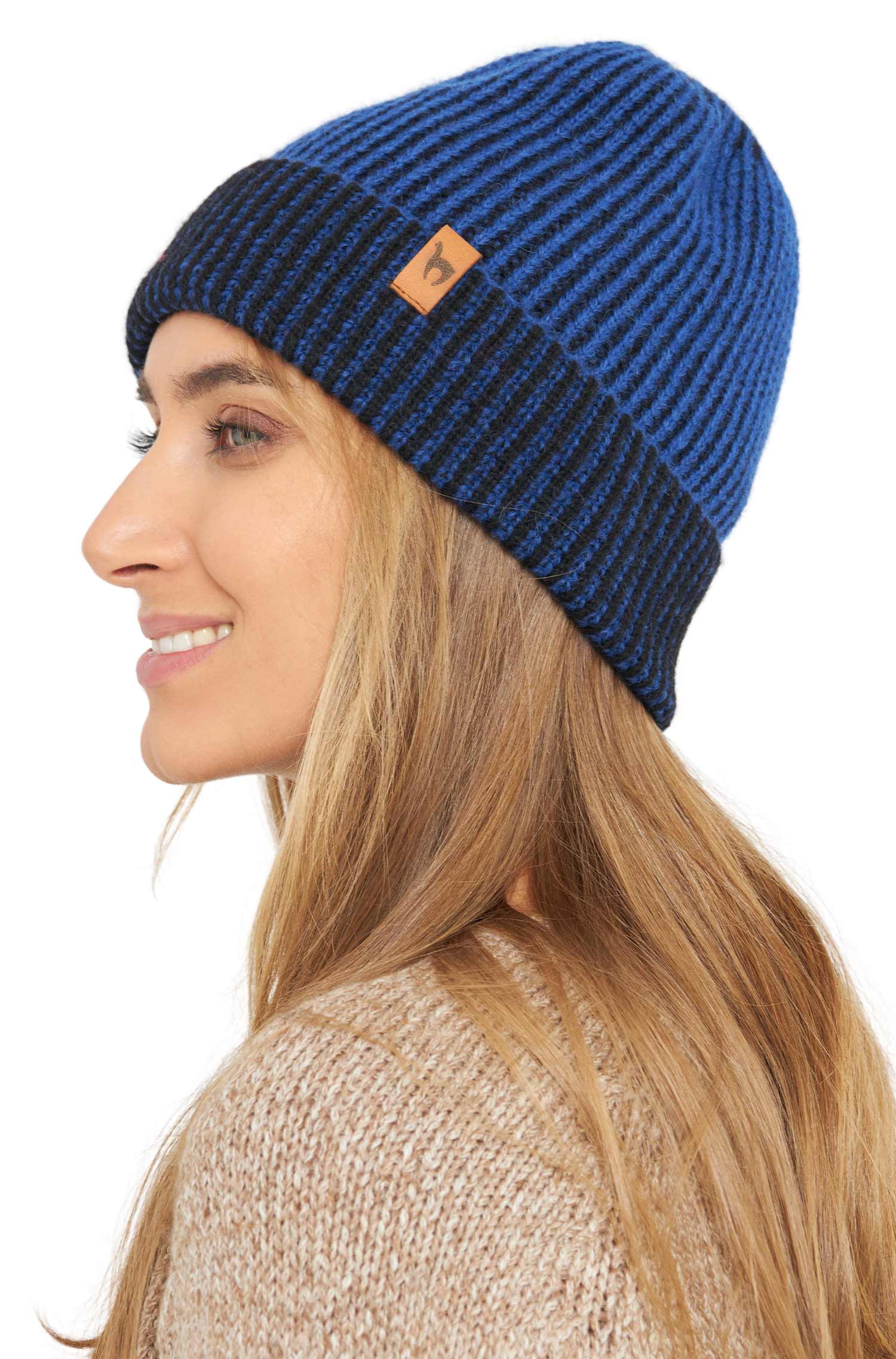 Alpaka Mütze MARINO aus 56% Baby Alpaca & 39% Baumwolle-blau/schwarz