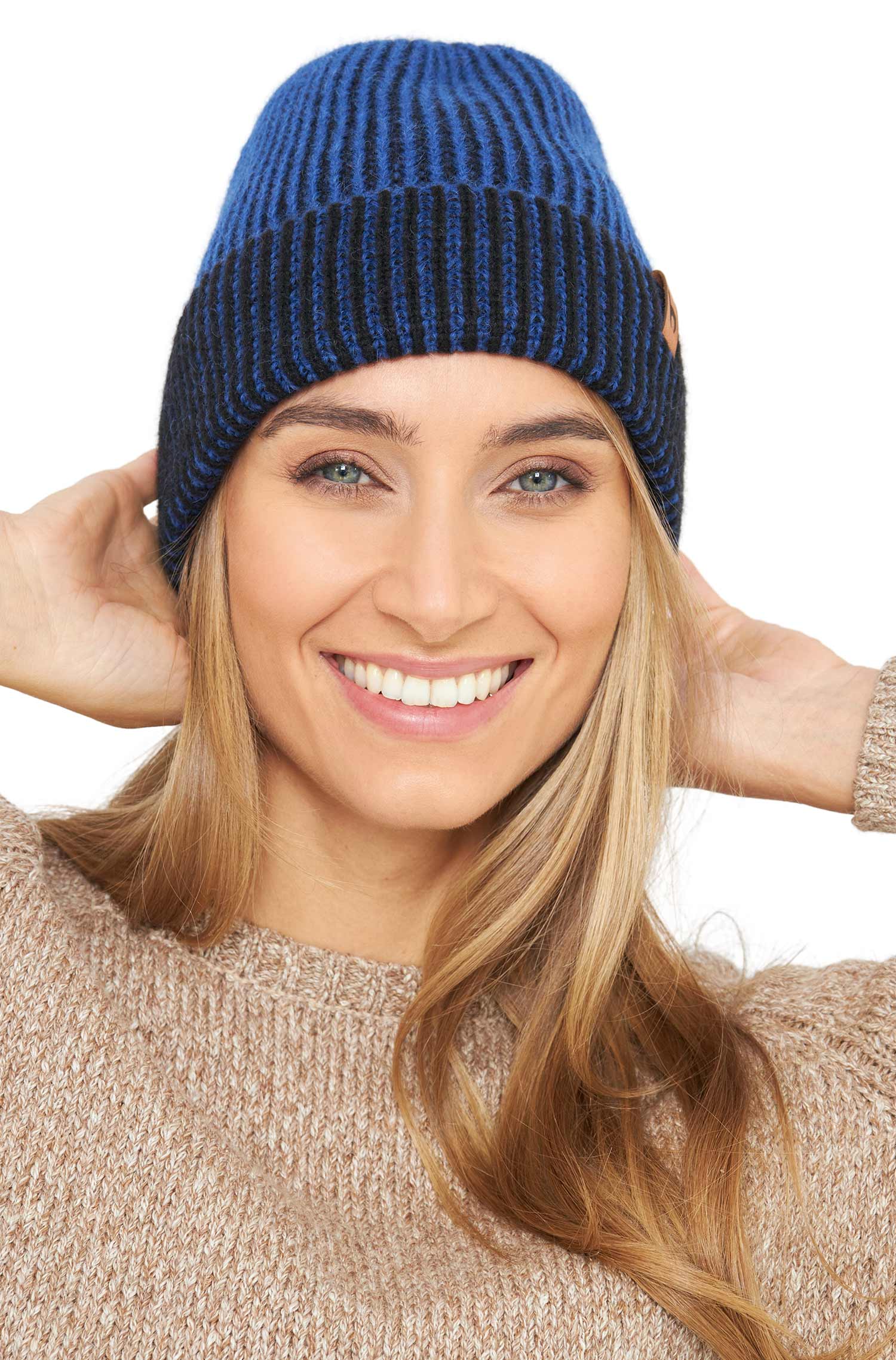 Alpaka Mütze MARINO aus 56% Baby Alpaca & 39% Baumwolle-blau/schwarz