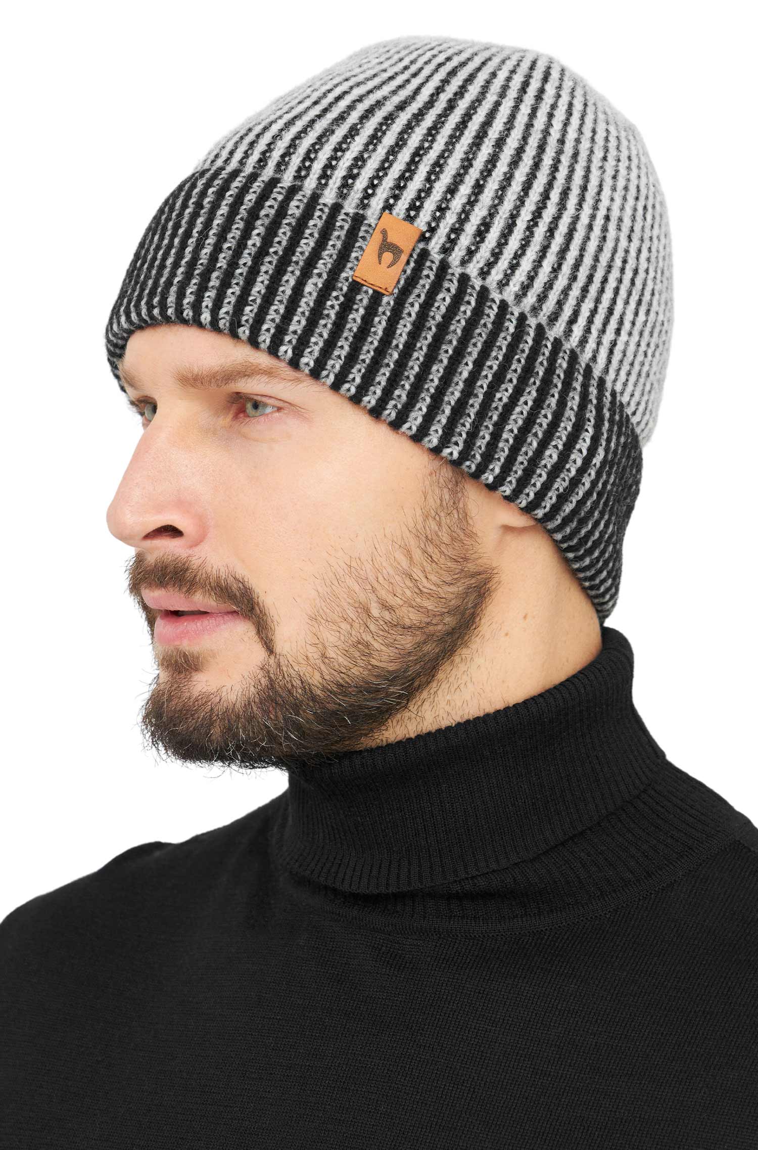 Alpaka Mütze MARINO aus 56% Baby Alpaca & 39% Baumwolle-silber/schwarz