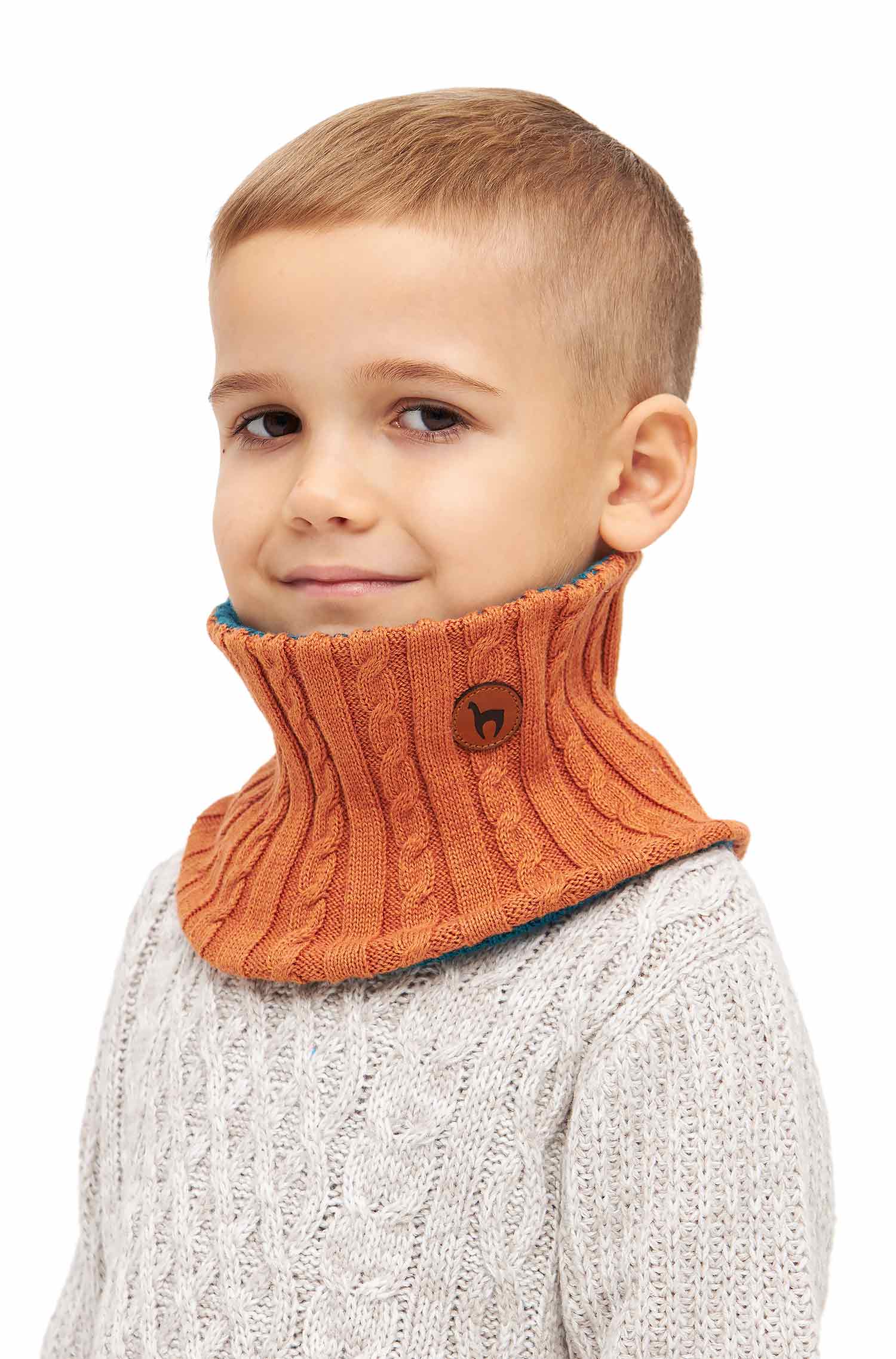 Alpaka Loopschal ELISUAVE aus Alpaka-Baumwoll-Mix-orange/petrol