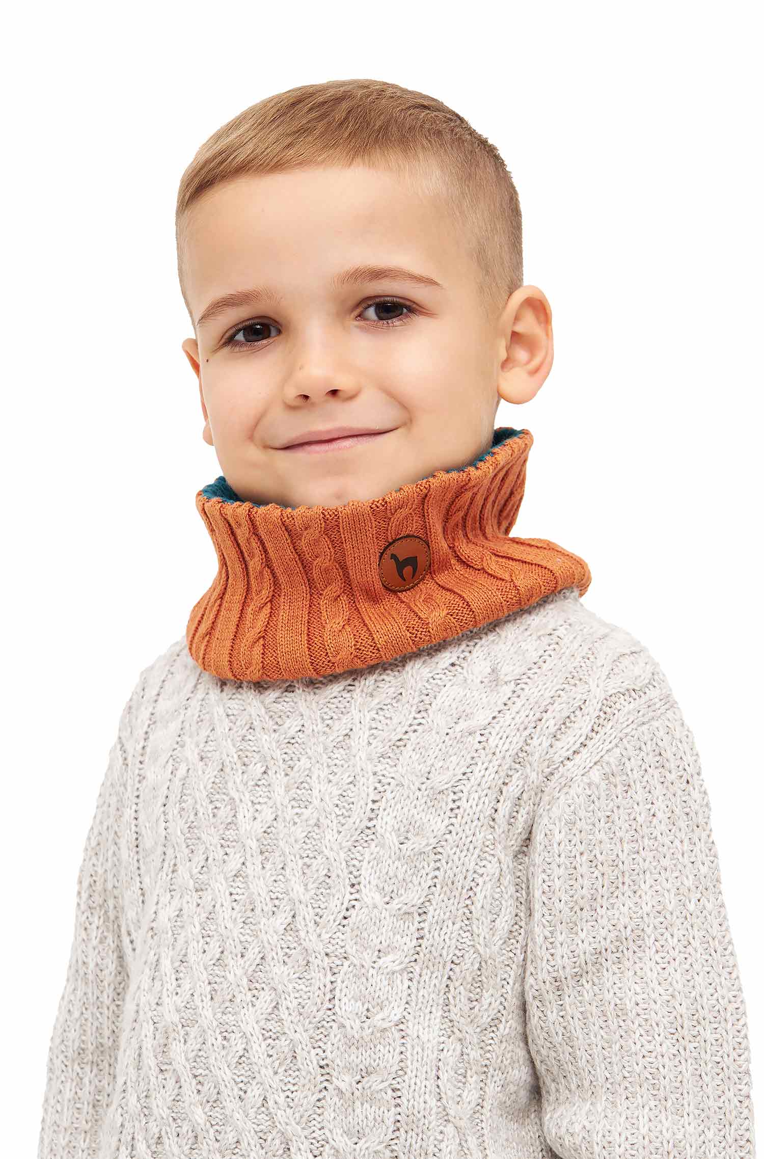 Alpaka Loopschal ELISUAVE aus Alpaka-Baumwoll-Mix-orange/petrol