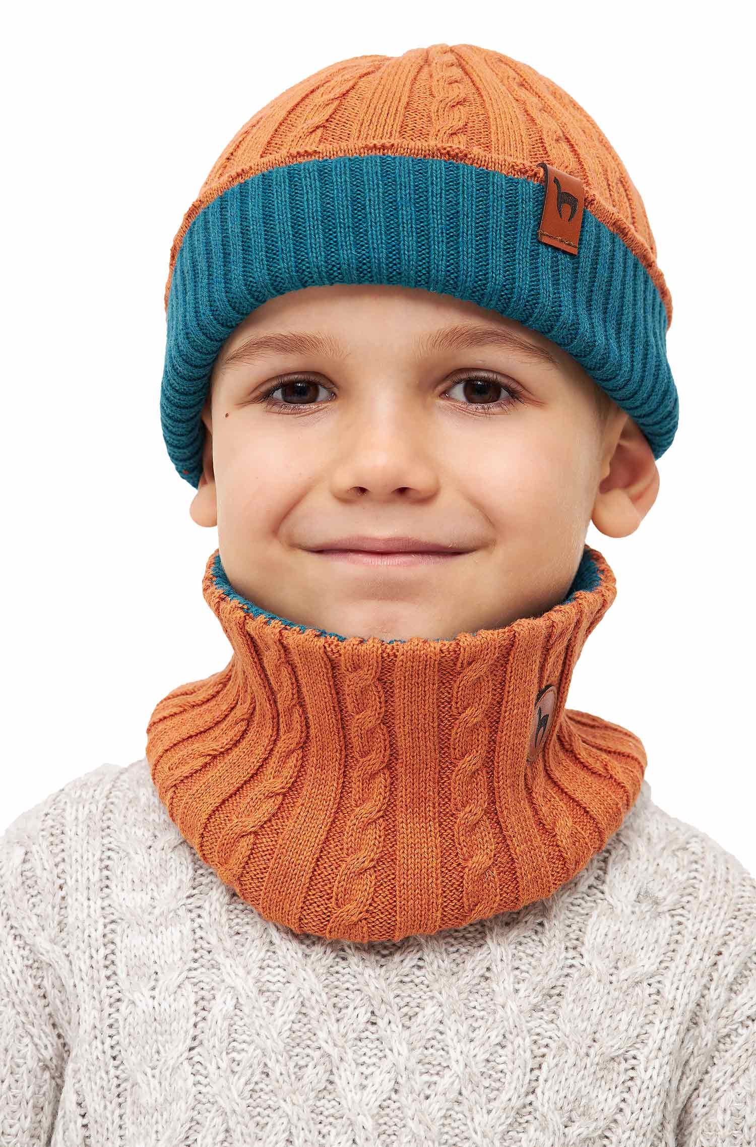 Alpaka Loopschal ELISUAVE aus Alpaka-Baumwoll-Mix-orange/petrol