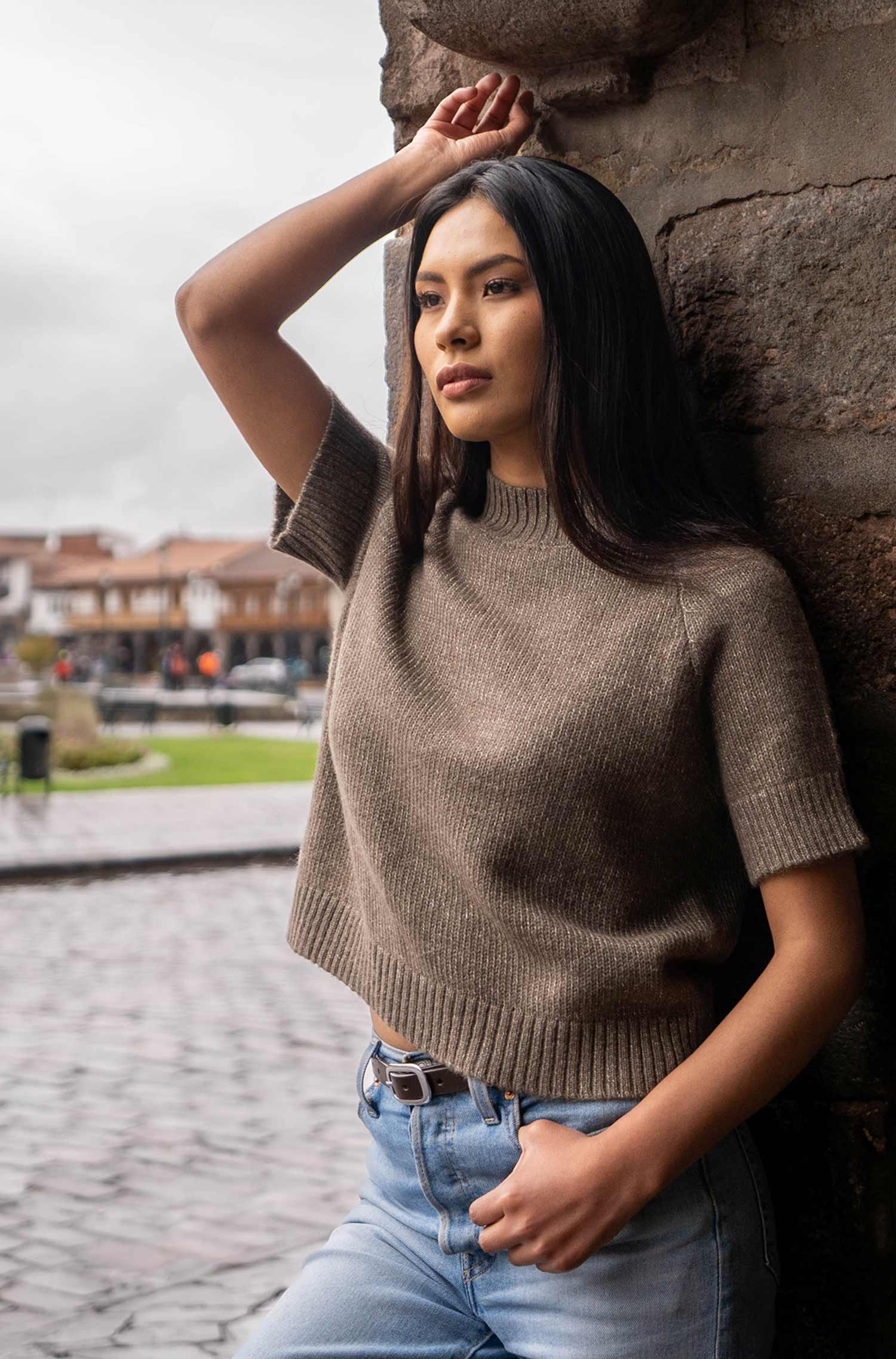 Alpaka Kurzarm-Pullover PACA-taupe