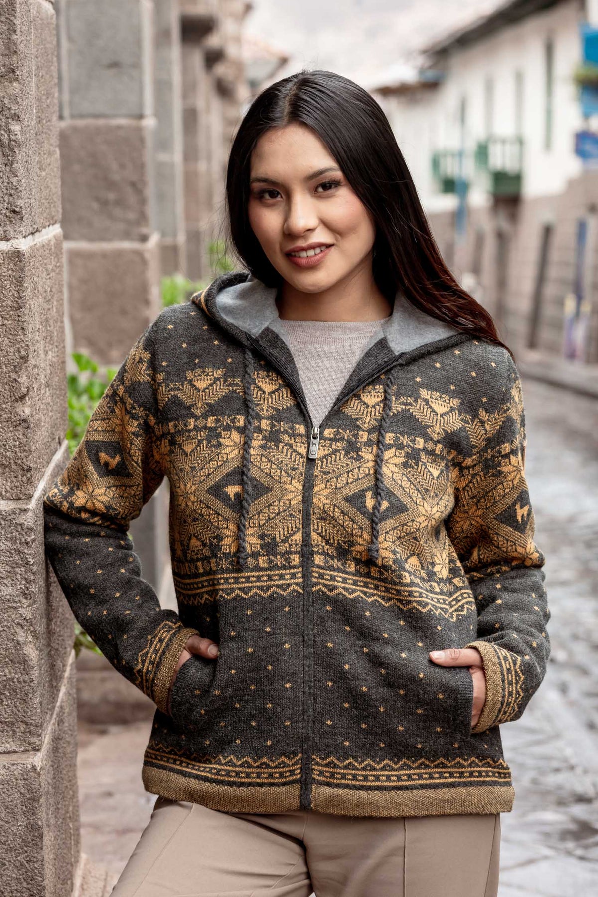 Alpaka Strickjacke ANDEN ROCA | gefüttert-anthrazit
