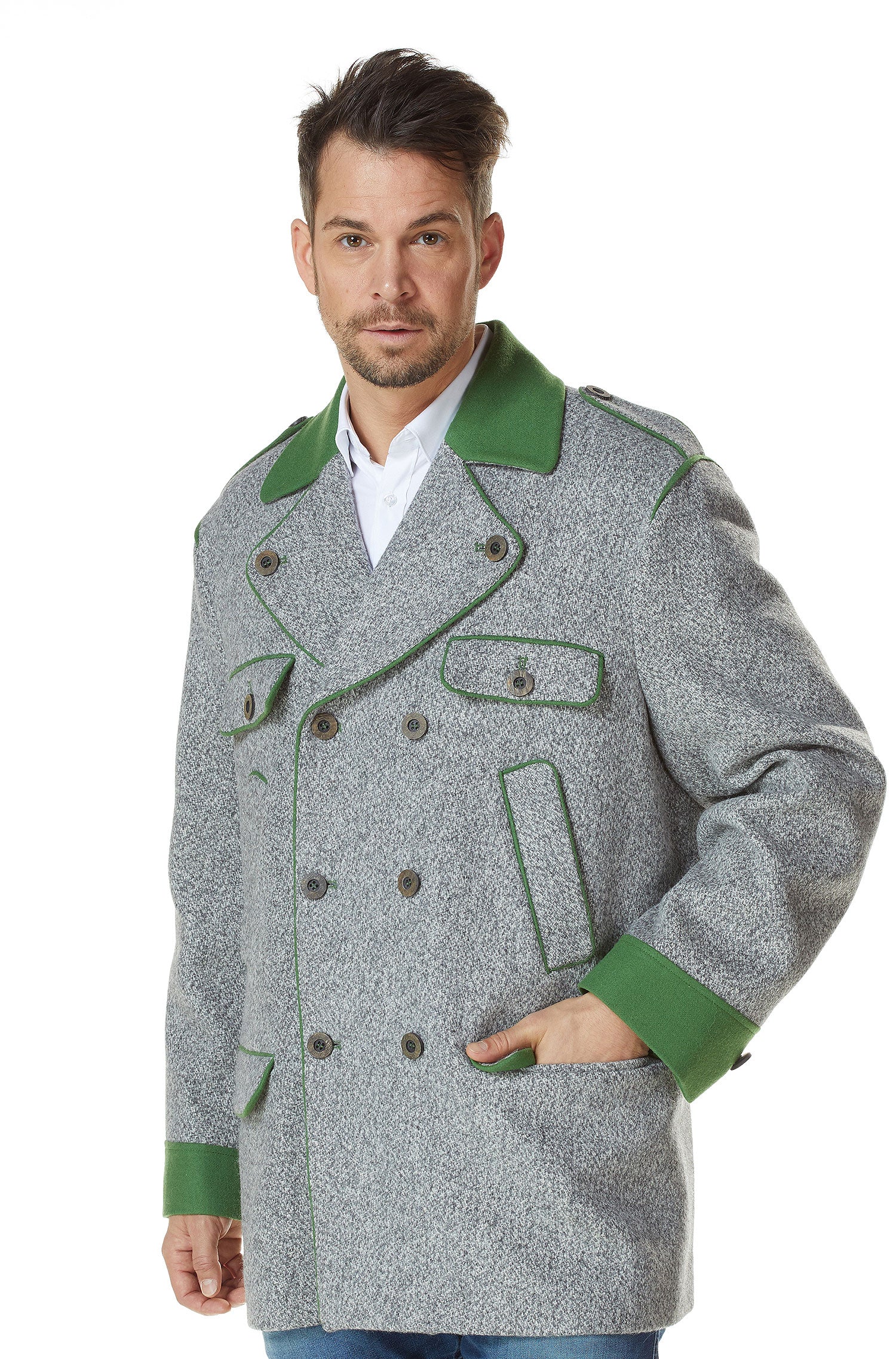 Alpaka Trachten Mantel LEONARD aus Alpaka und Wolle-hellgrau