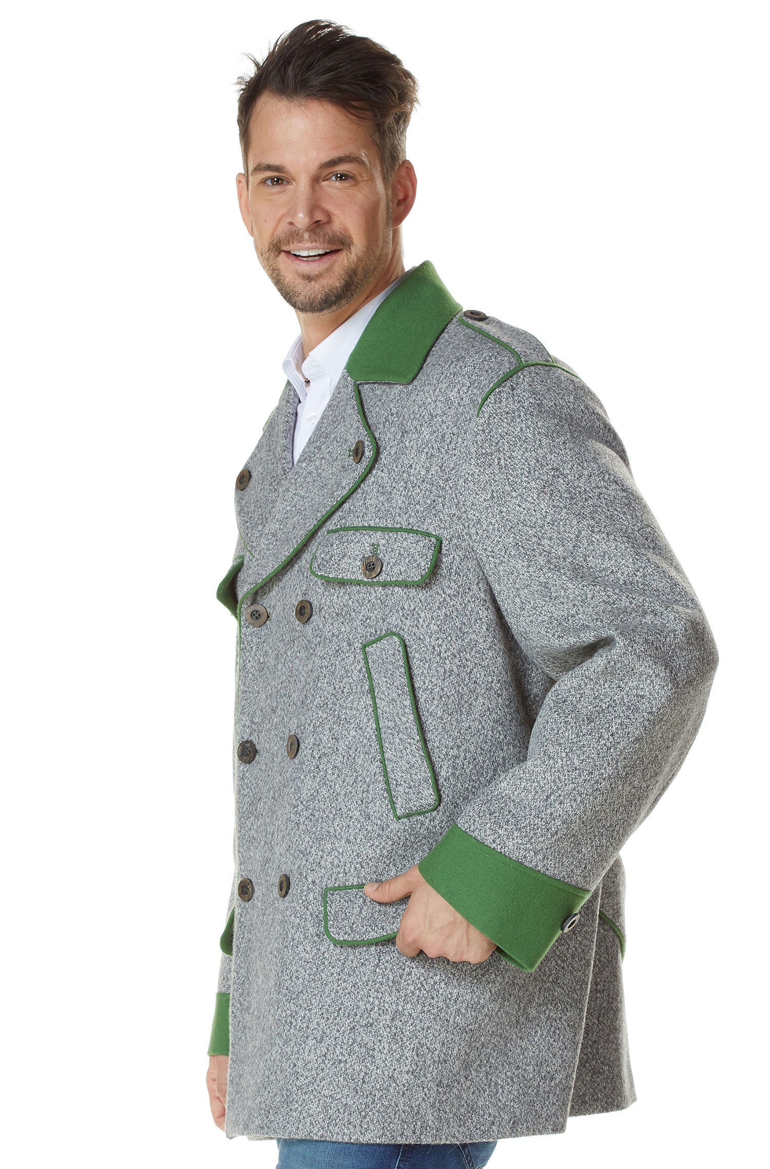 Alpaka Trachten Mantel LEONARD aus Alpaka und Wolle-hellgrau