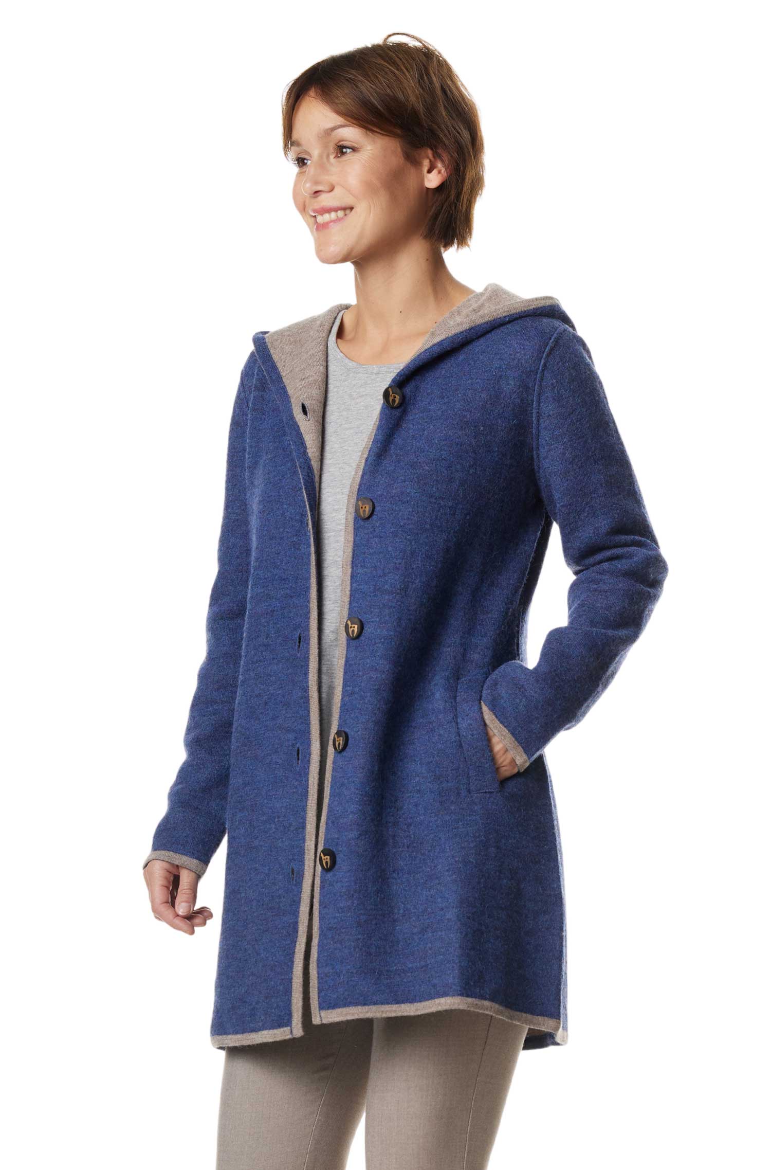 Alpaka Mantel ALYSSA aus Alpaka und Wolle-blau meliert