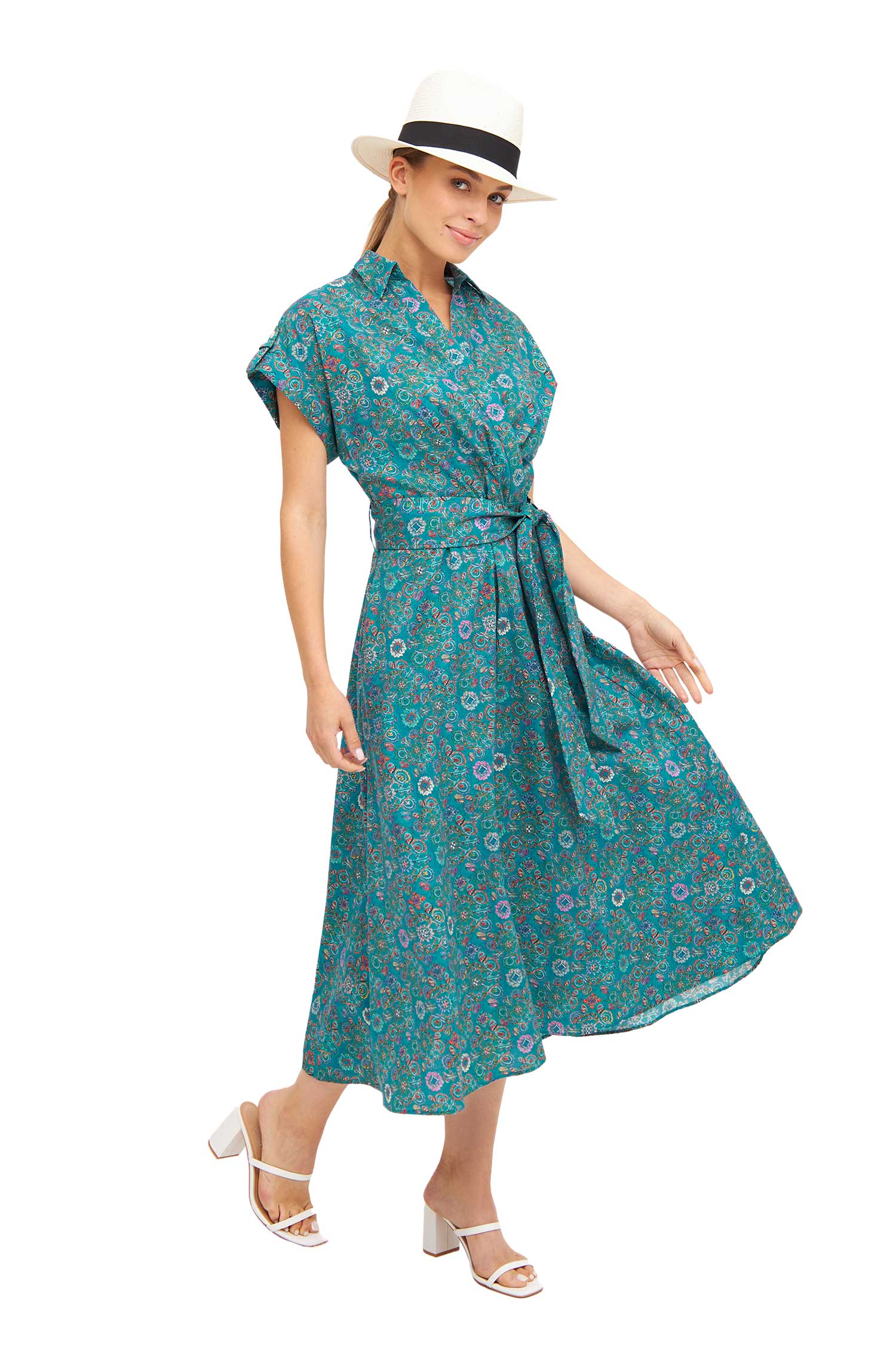 Kleid FLORAL ETHNO in Wickeloptik aus Bio-Pima-Baumwolle-turquoise