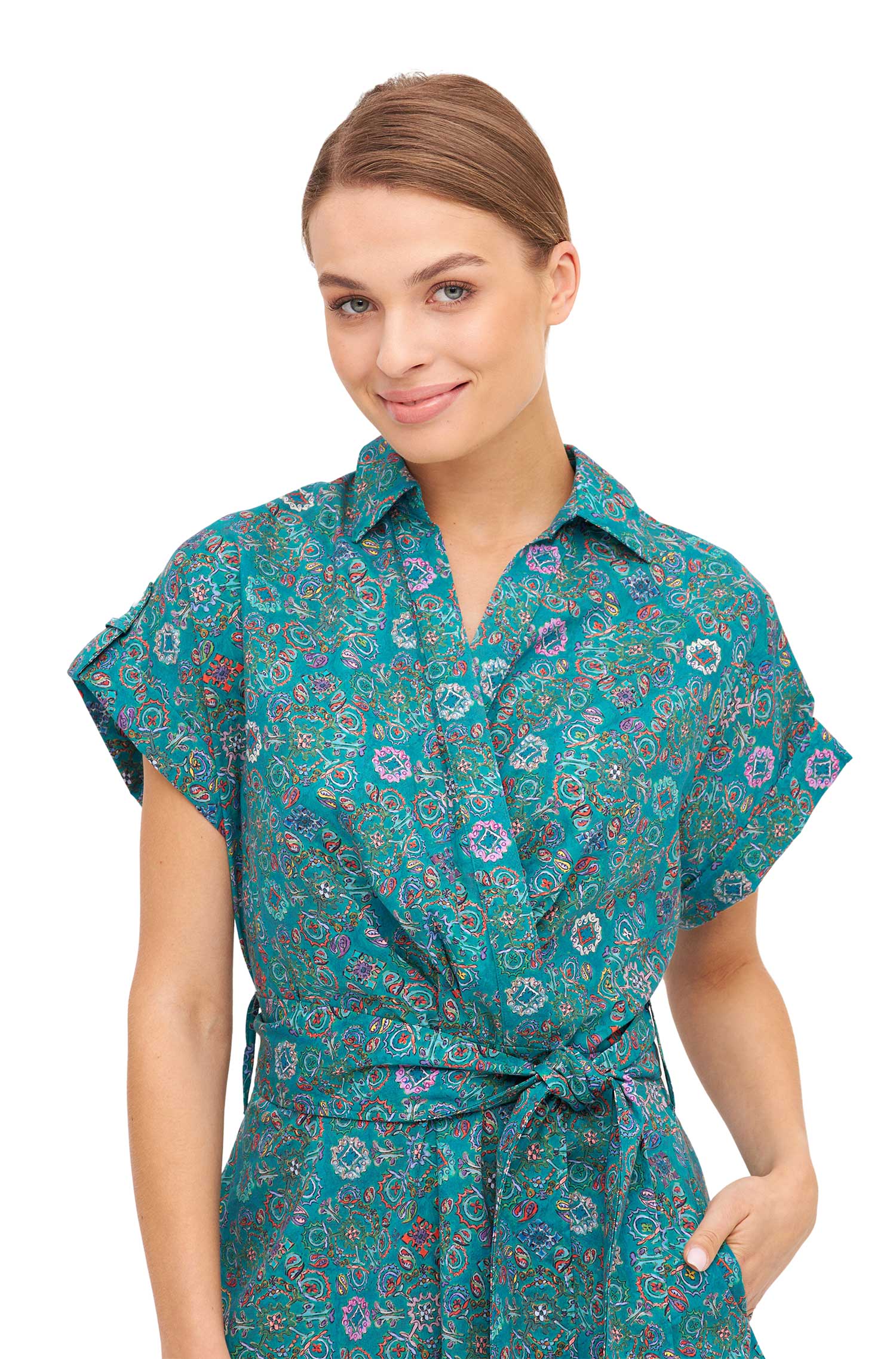 Kleid FLORAL ETHNO in Wickeloptik aus Bio-Pima-Baumwolle-turquoise