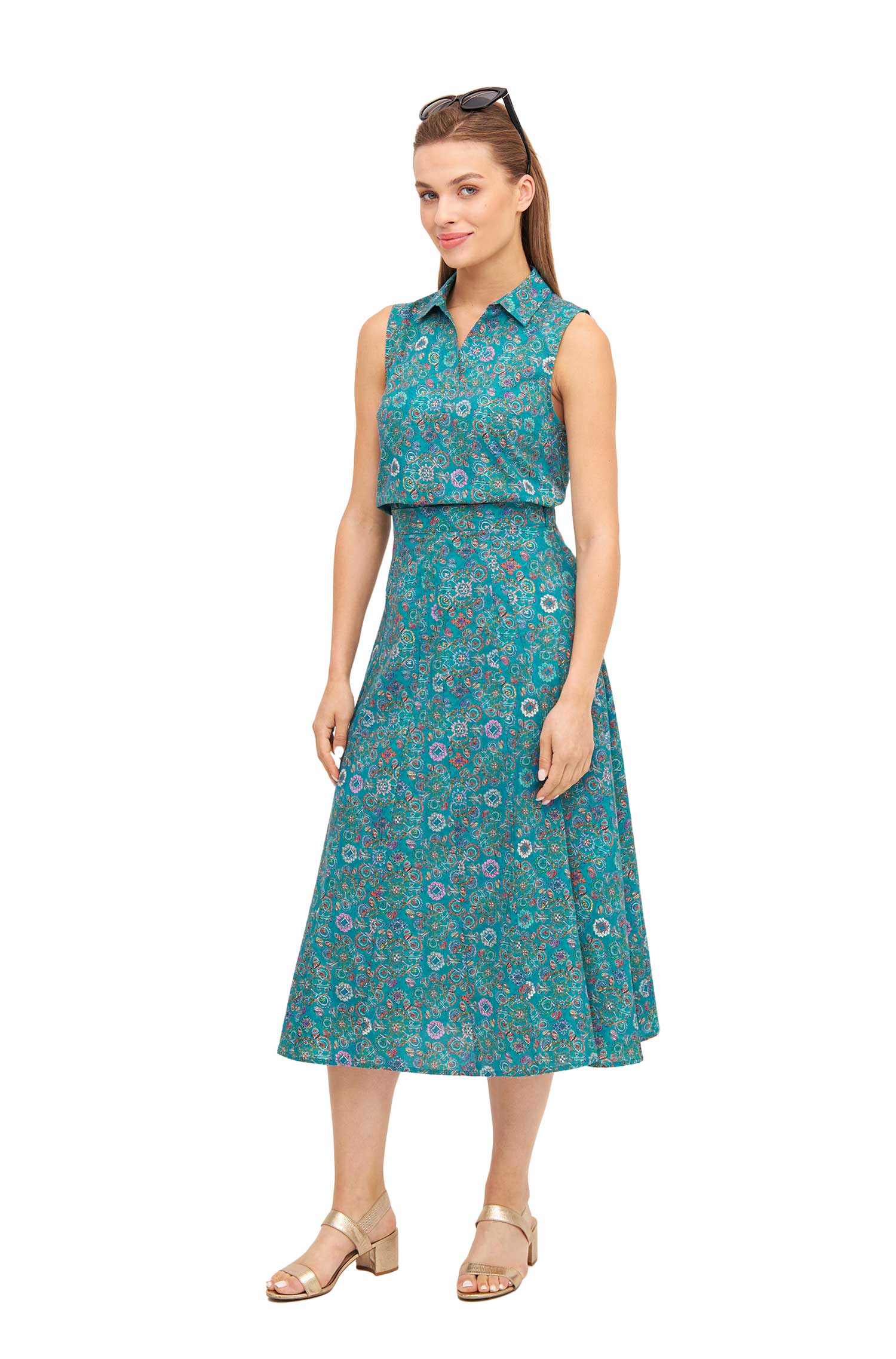 Ärmellose Bluse FLORAL ETHNO aus Bio-Pima-Baumwolle-turquoise