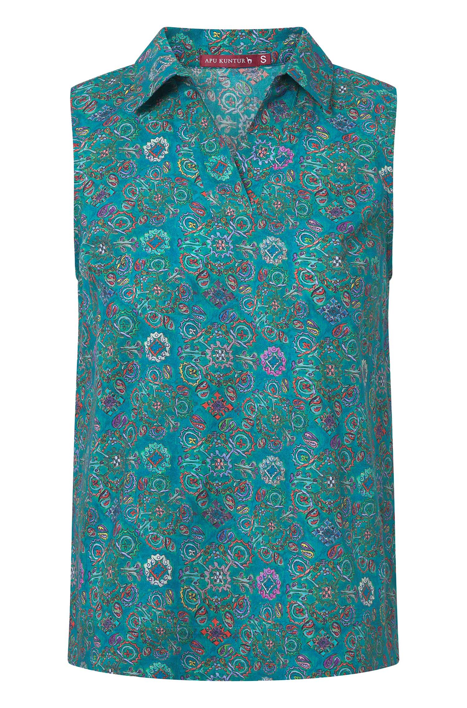 Ärmellose Bluse FLORAL ETHNO aus Bio-Pima-Baumwolle-turquoise