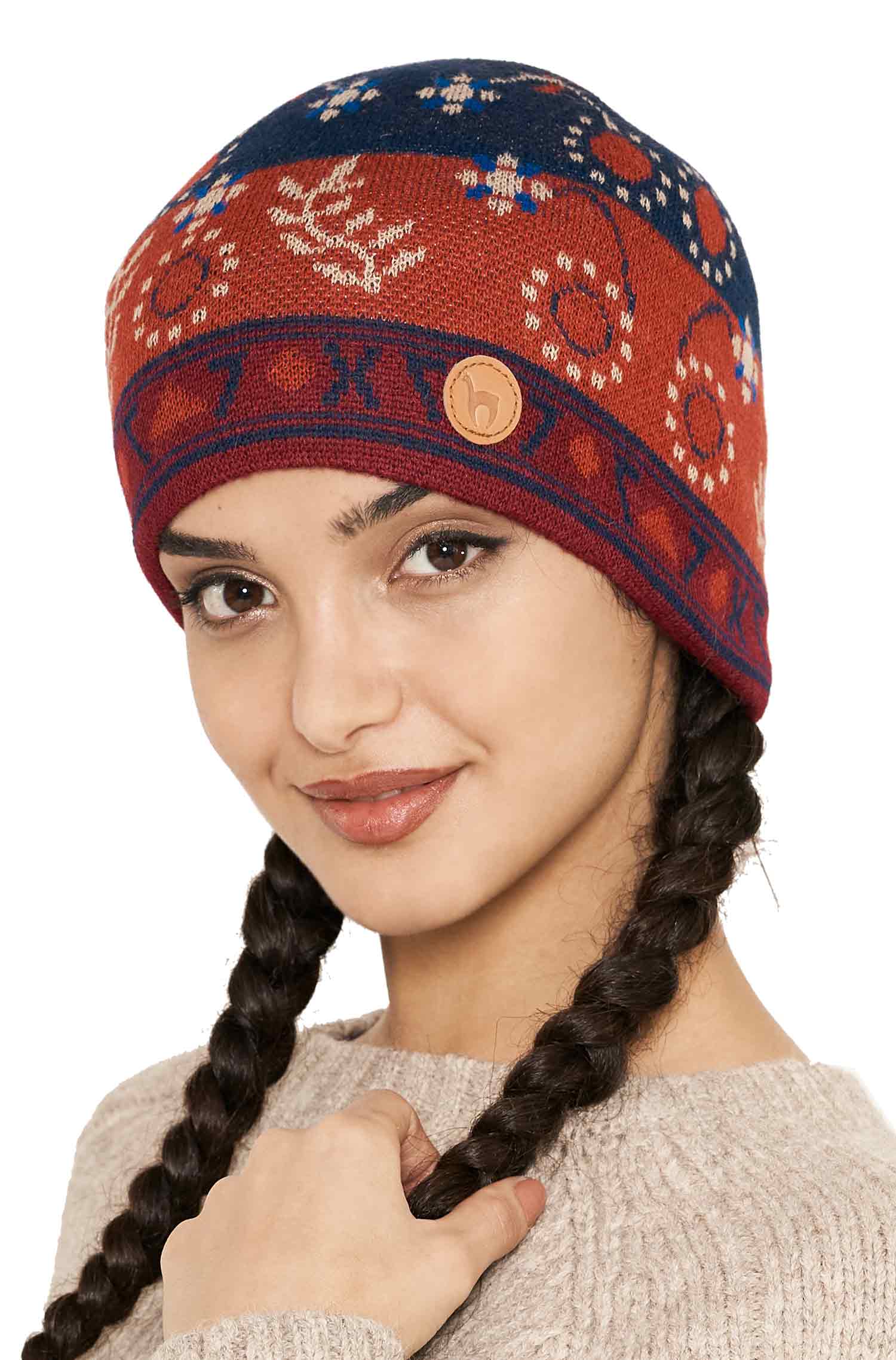 Alpaka Mütze BELLA aus 100% Baby Alpaka-blau/orange