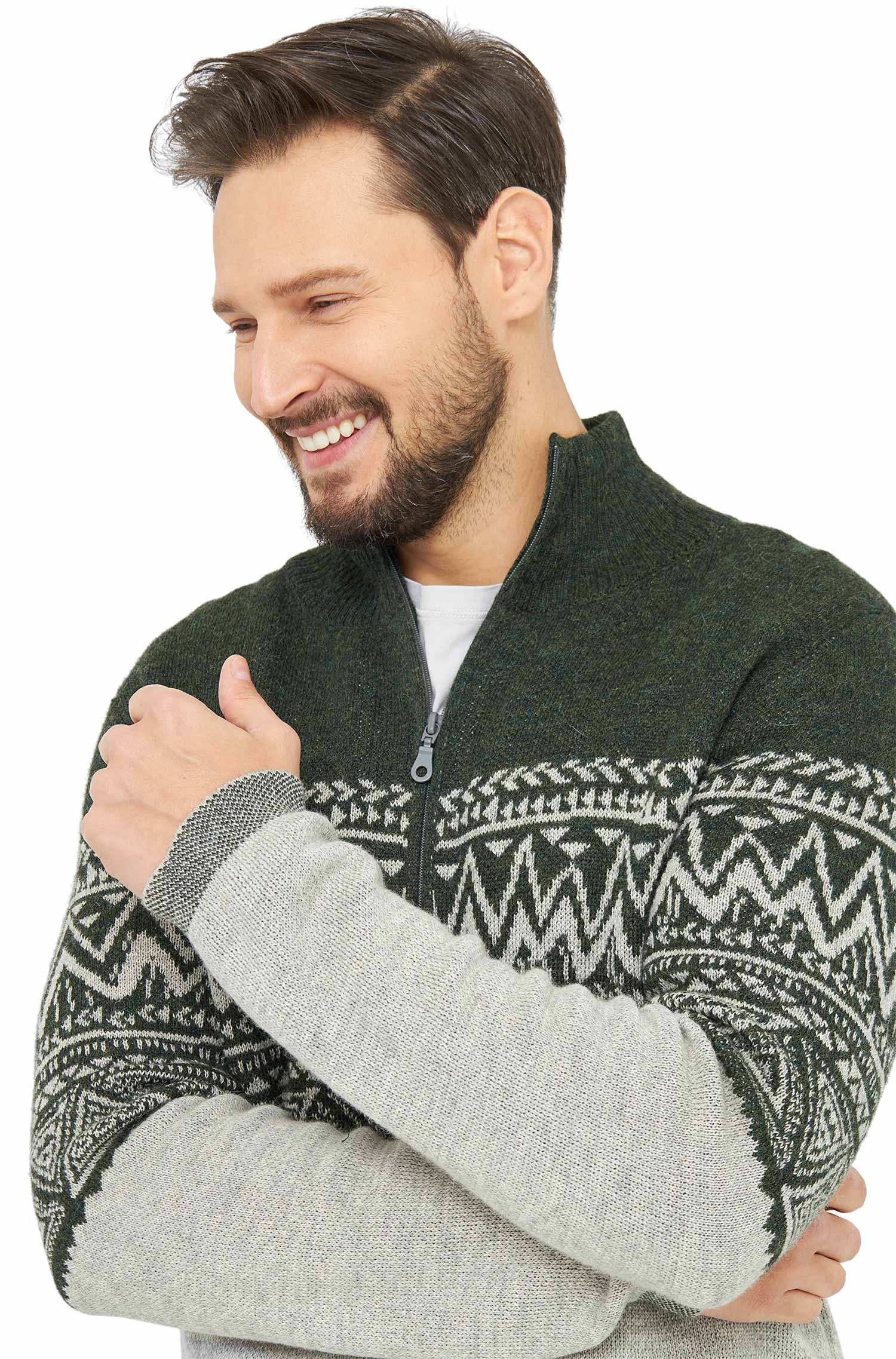 Alpaka Strickjacke GIORGIO aus 100% Baby Alpaka-tannengrün/silber