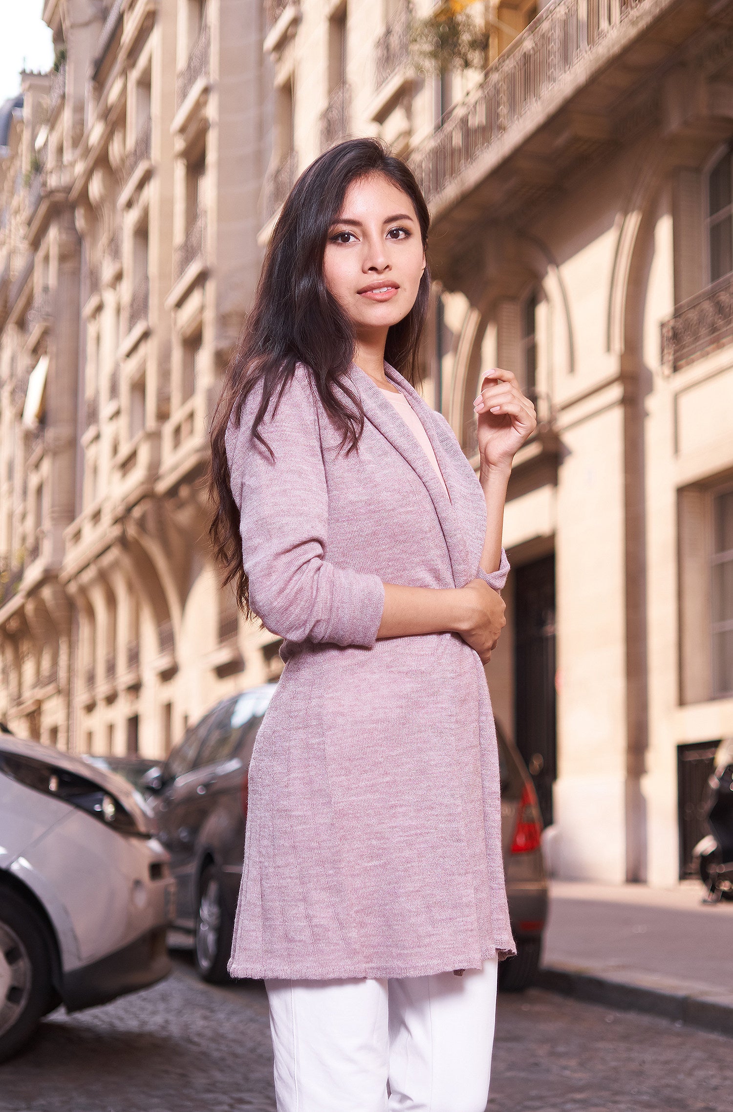 Alpaka Strickjacke PENELOPE LONG aus 100% Baby Alpaka-flieder meliert