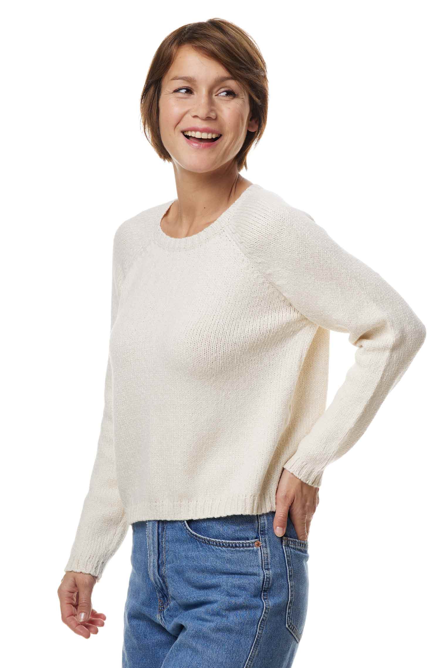 Alpaka Rundhals Pullover ELLA aus Baby Alpaka und Pima Baumwolle-ecru