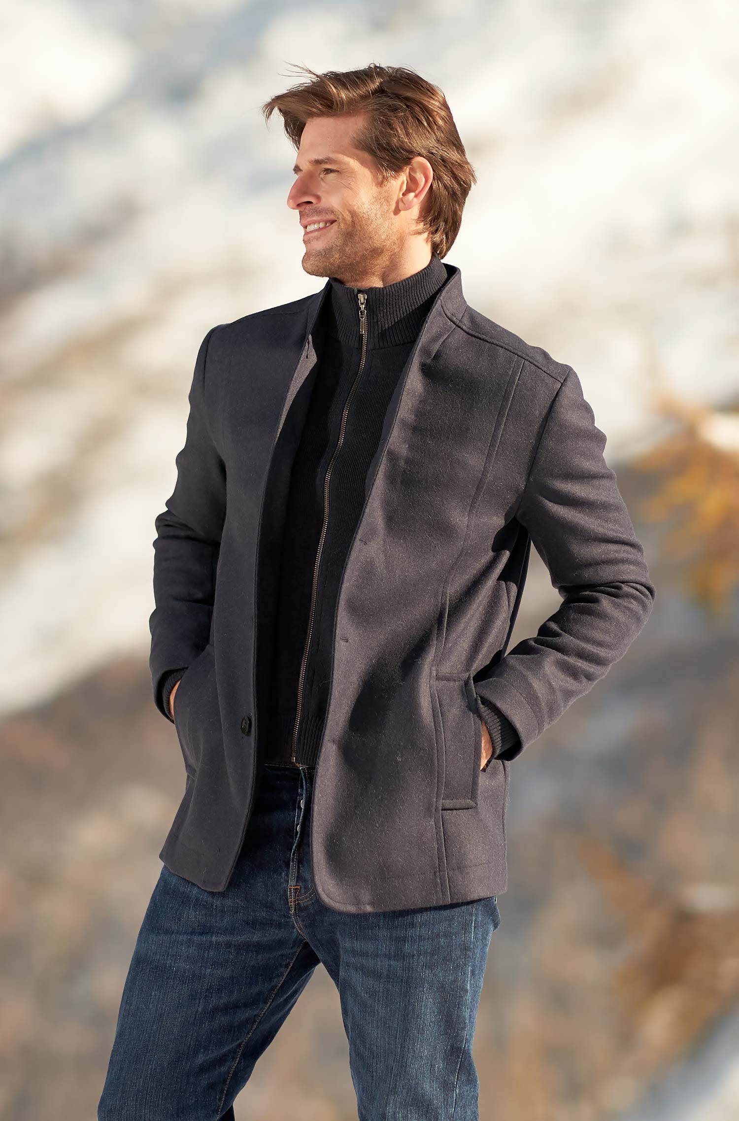 Alpaka Mantel PABLO aus Alpaka und Woll-Mix-blau